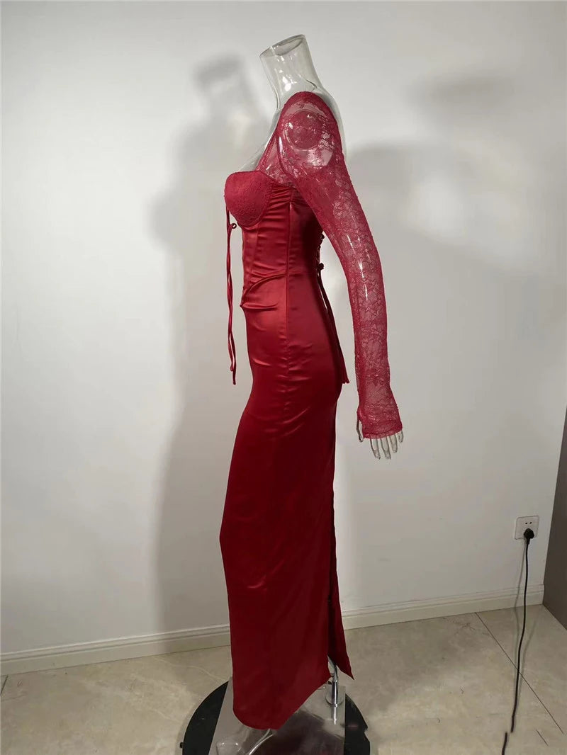 Sexy Backless Long Sleeve Maxi Dress for Women - Solid Square Neck Lace-Up Back Bodycon Club Dress with High Slit | Elegant Evening Wear for Parties, Date Nights & Special Occasions
