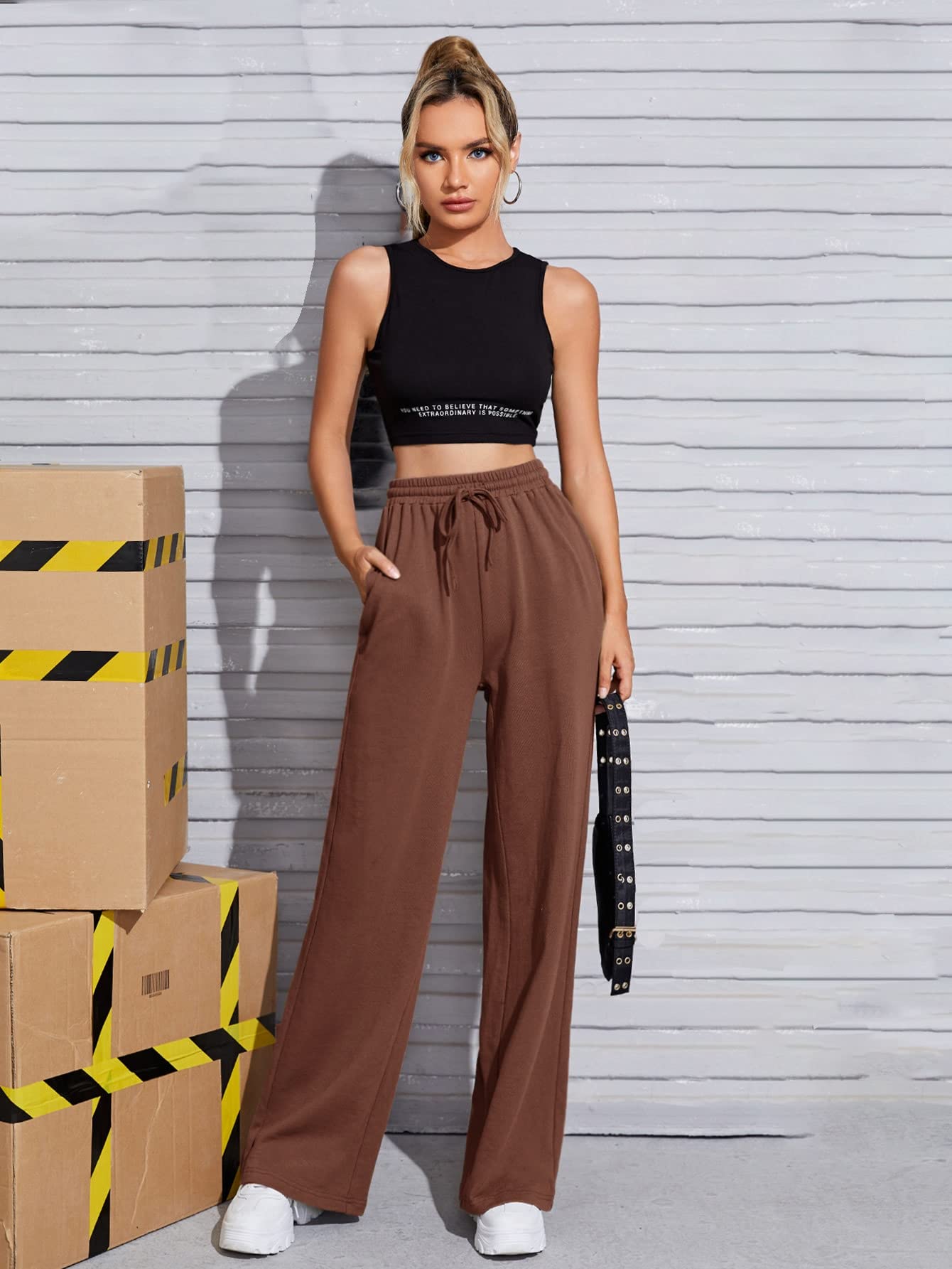 Floerns Women's Casual High Waist Drawstring Baggy Sweatpants with Pockets - Comfortable Wide Leg Lounge Pants for Yoga, Running, Workout & Home Wear