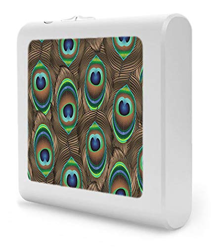 Dimmable LED Night Light with Auto On/Off Sensor - Adjustable Brightness Warm White for Bathroom, Hallway, Nursery & Bedroom - Peacock Feathers Design by Dan Morris - Perfect for Nighttime Safety and Comfort