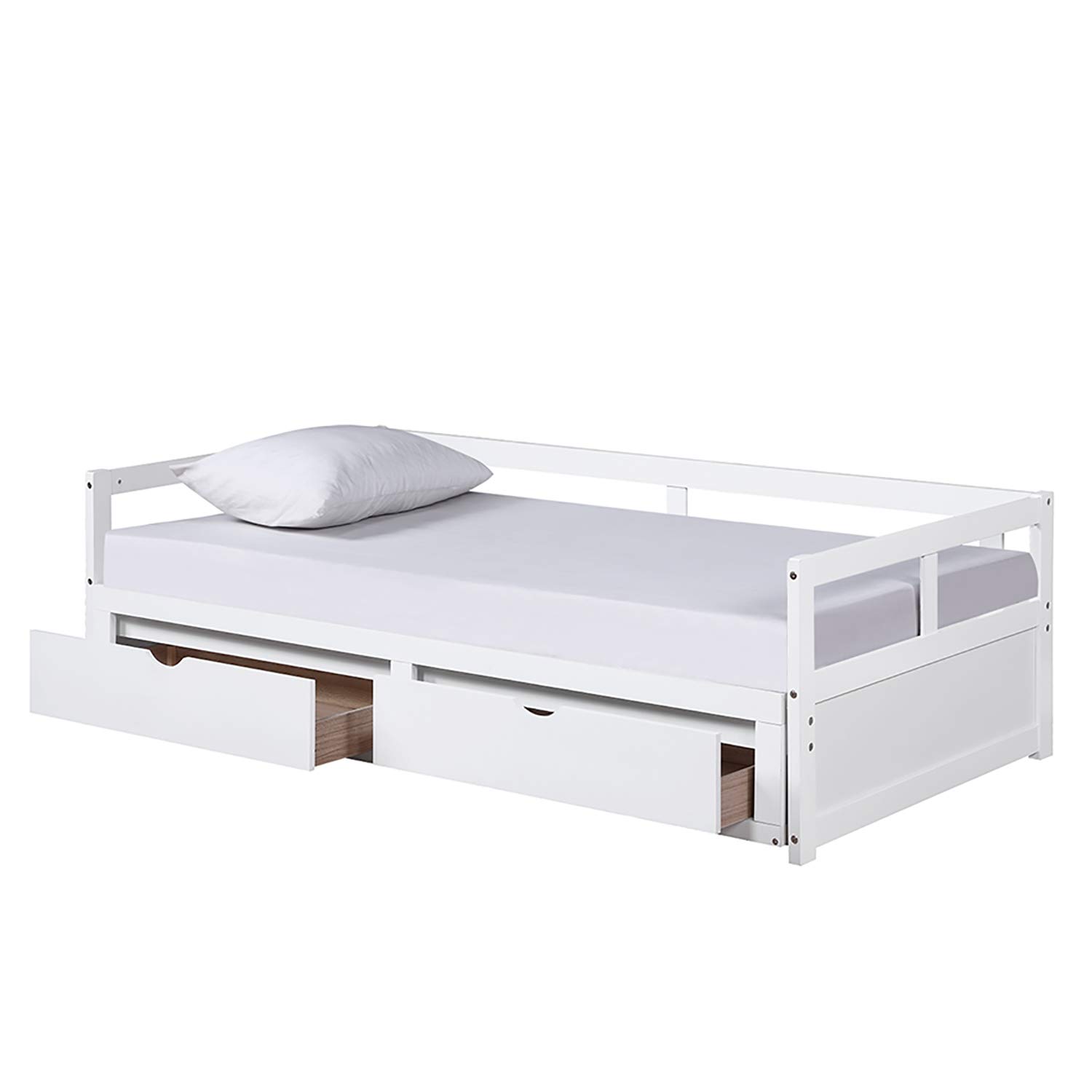 Twin Daybed with Trundle & 2 Storage Drawers - White Wooden Extendable Sofa Bed for Small Spaces, Guest Room & Living Room - Perfect for Sleepovers, Home Office & Multi-Purpose Furniture