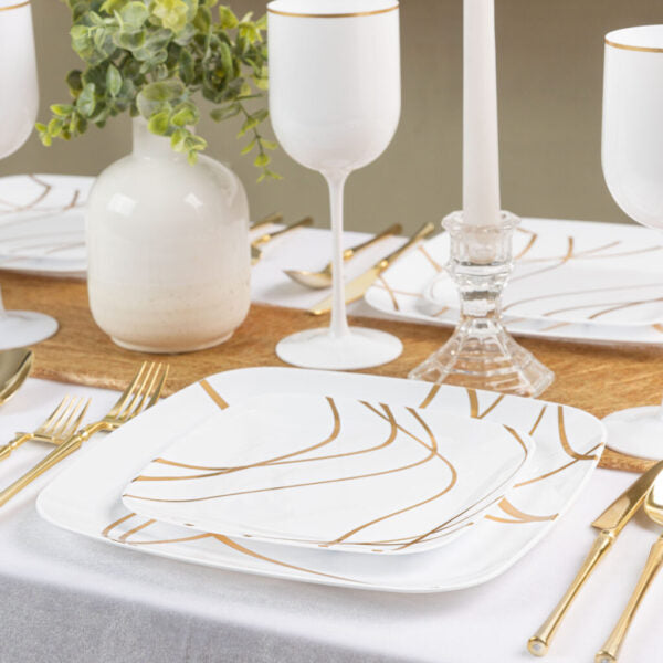 32-Pack White & Gold Square Plastic Dinnerware Set for 16 Guests - Elegant Disposable Plates, Cups & Cutlery - Perfect for Weddings, Parties, BBQs & Outdoor Events