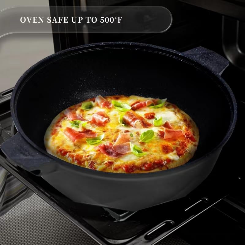 TIBORANG 8-in-1 Nonstick Deep Fry Pan with Glass Lid - 11 Inch 5 Quart Multi-Purpose Frying Pan with Heat Indicator, Steamer Insert & Cool-Touch Handle - PFOA Free, Dishwasher & Oven Safe - Compatible with All Stovetops (Black) - Perfect for Frying, Sautéing, Steaming & Baking