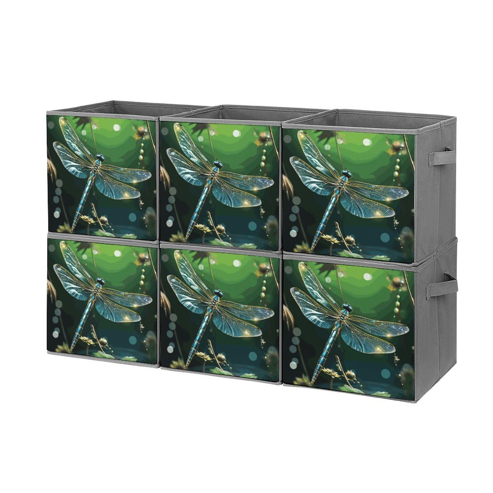 6-Piece Collapsible Storage Bins with Handles - Dragonfly Green Printed Foldable Organizing Baskets for Shelves, Closet, Kitchen & Home Organization - Space Saving Storage Containers for Toys, Books, Laundry & Household Items
