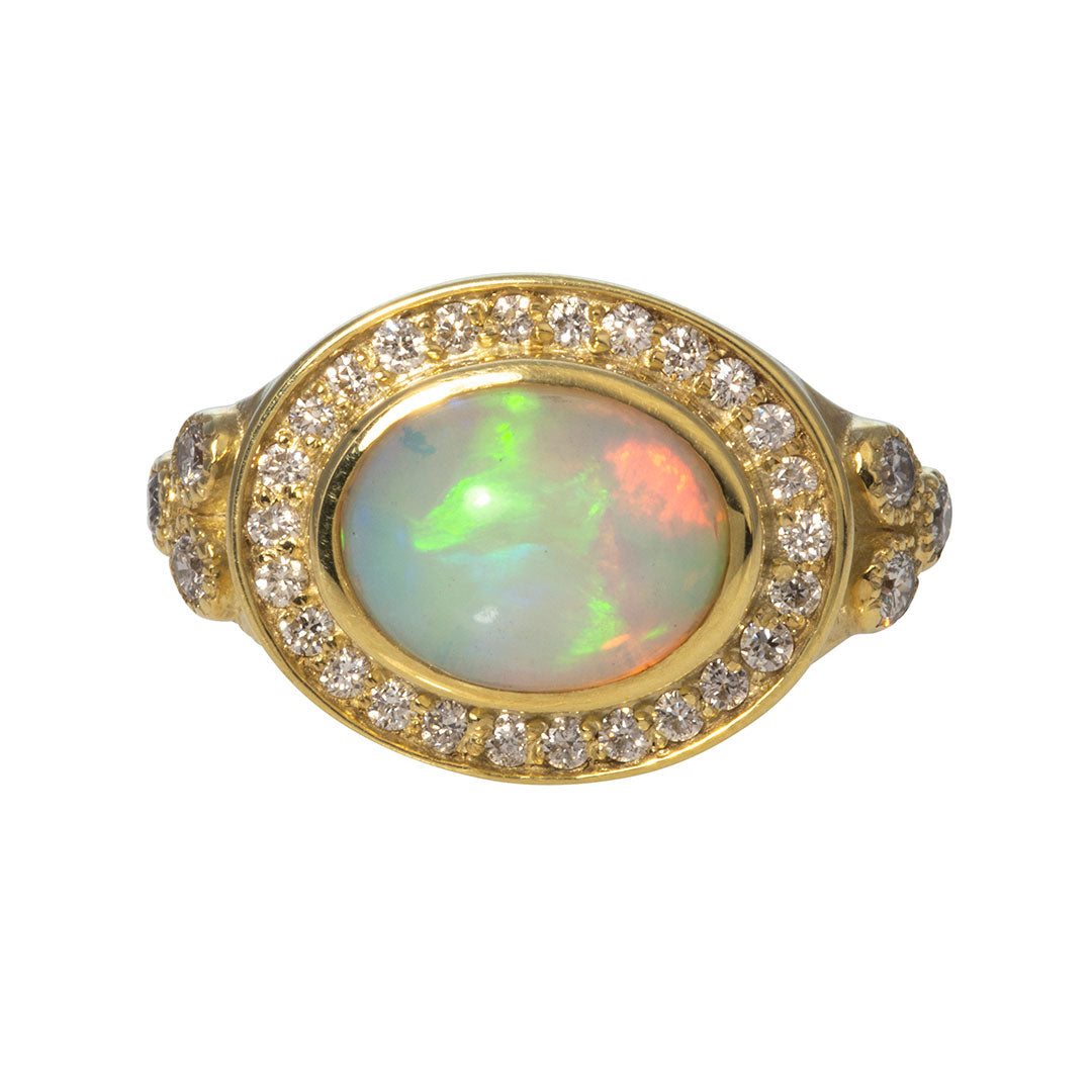 14K Yellow Gold Oval Cabochon Opal & Diamond Ring for Women - Elegant Jewelry Gift for Engagement, Anniversary & Special Occasions