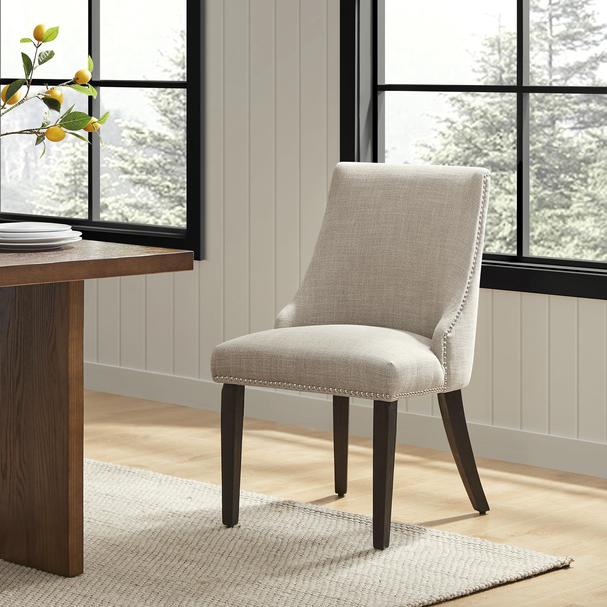 CHITA Farmhouse Dining Chairs with Nailhead Trim - Set of 2 Fabric Upholstered High Back Chairs in Flax Beige for Kitchen, Dining Room & Breakfast Nook