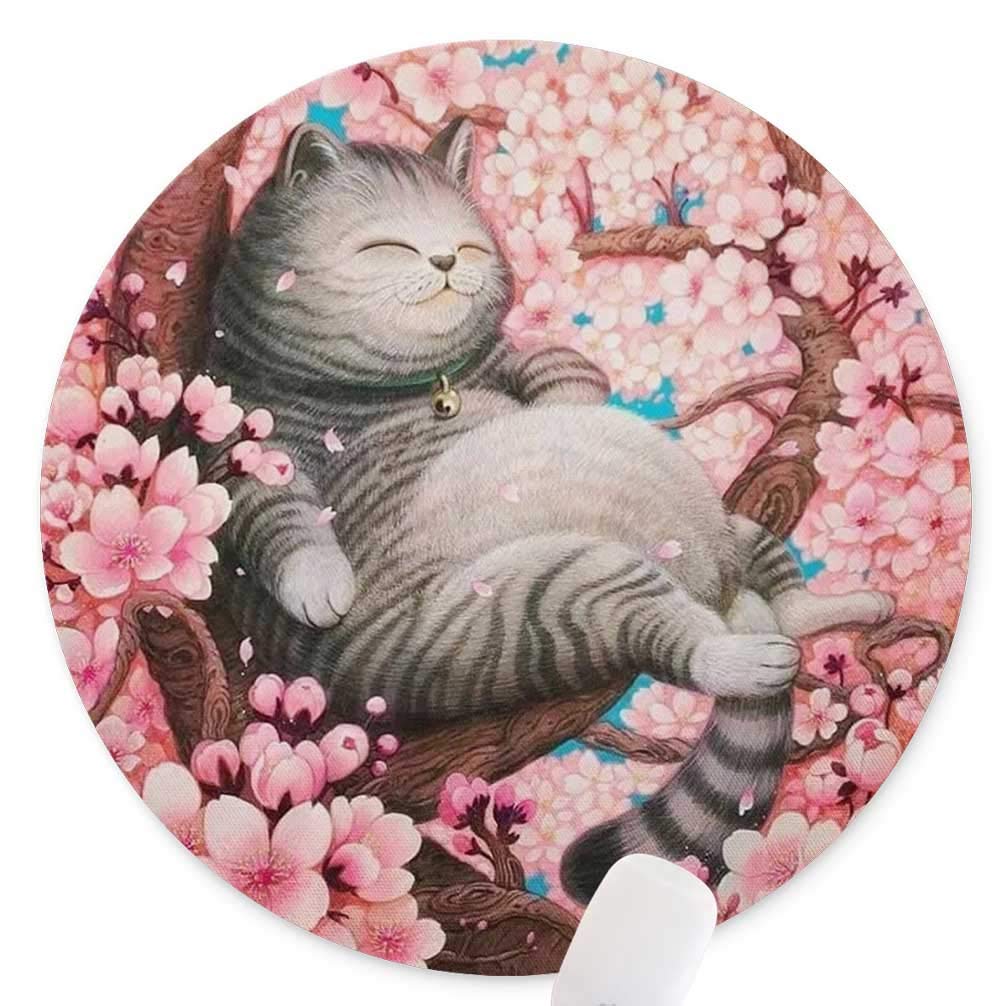 Anti-Slip Round Mouse Pad with Cherry Tree & Fat Cat Design - Non-Slip Rubber Base for Gaming & Office Use - 7.9 x 7.9 Inches - Perfect for Home, Work & PC Desktops
