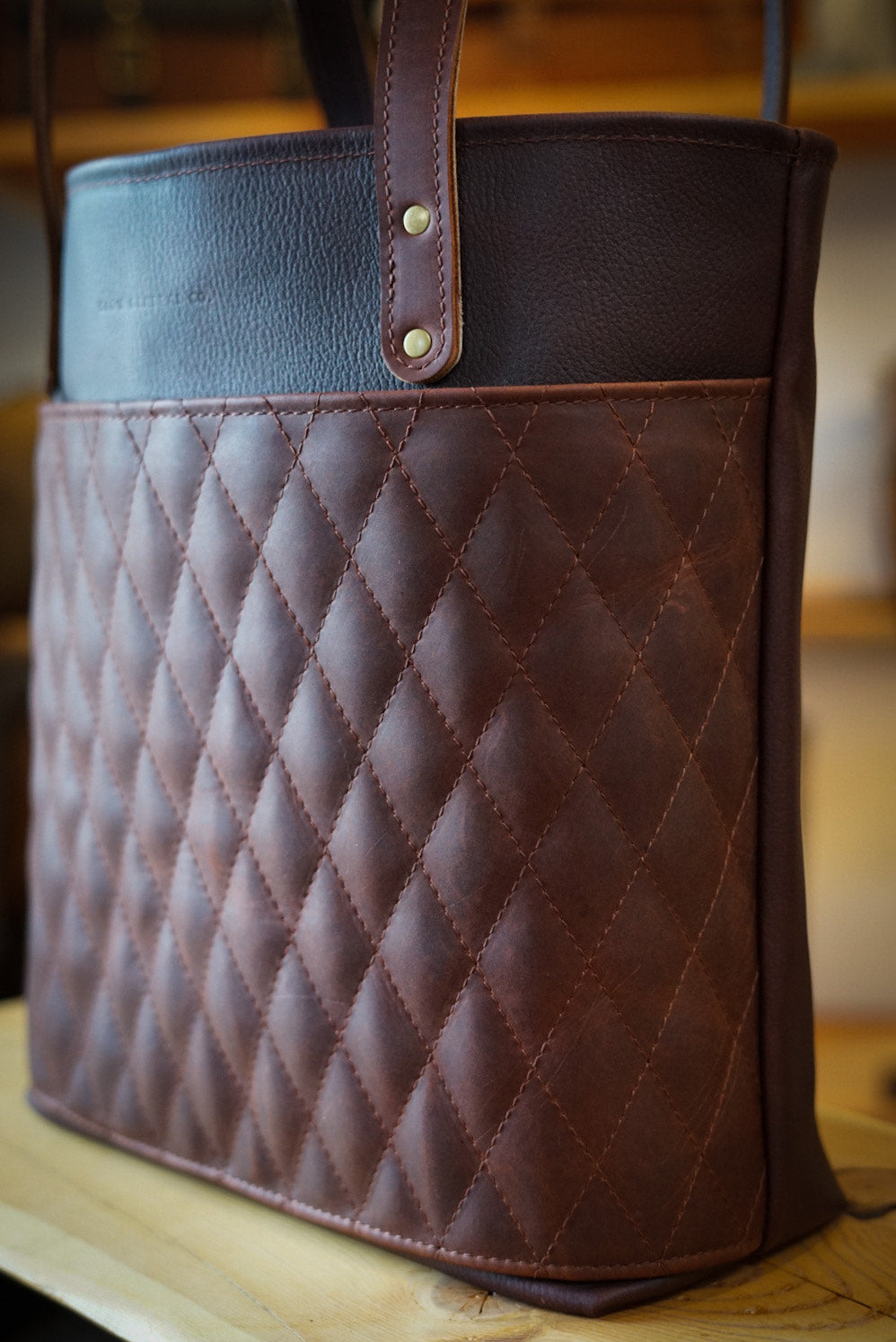 Stylish Diamond Stitch Tote Bag - Pebbled Brown & Dark Amber Harness Leather - Perfect for Work, Travel & Everyday Use