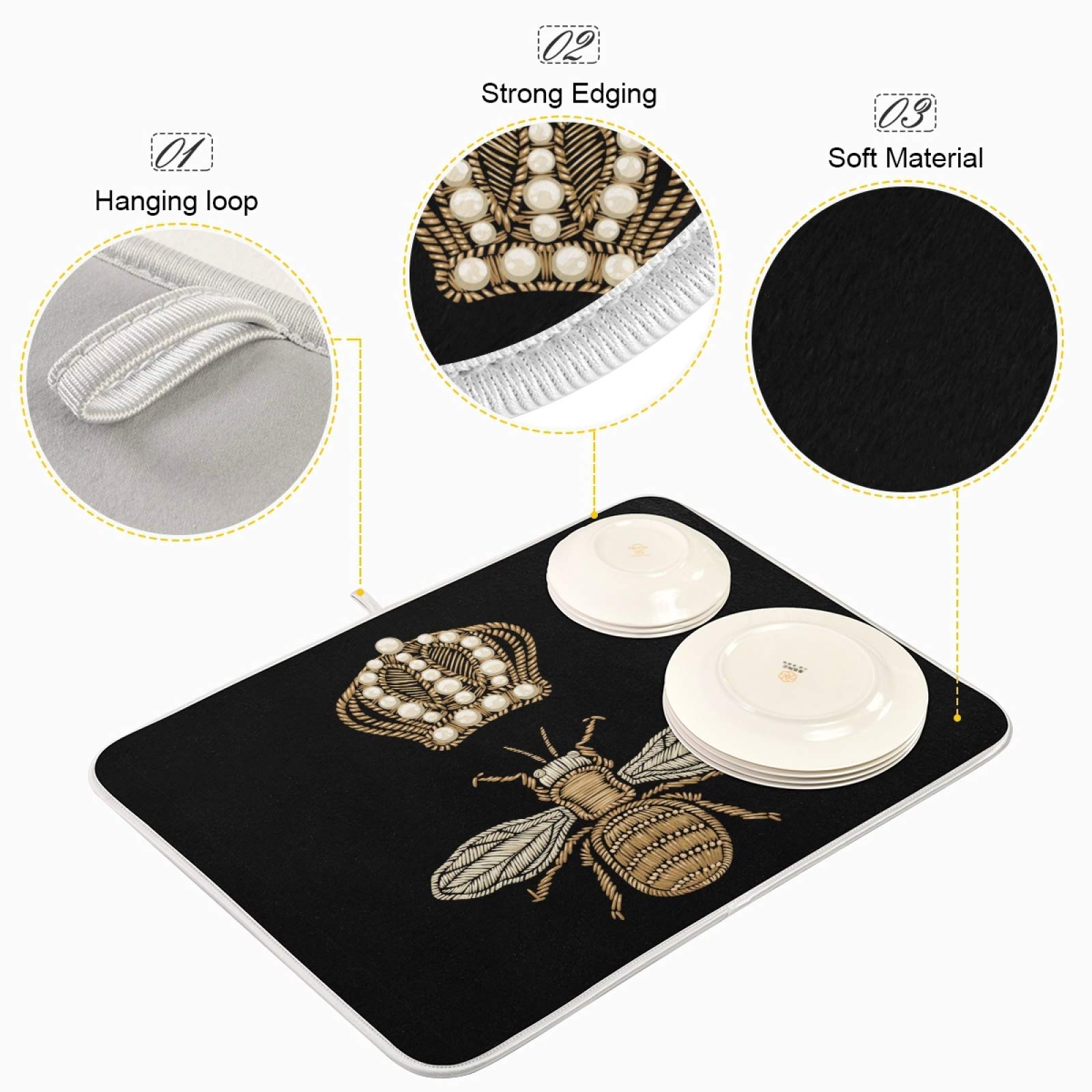 Susiyo Gold Bee and Crown Microfiber Dish Drying Mat - Super Absorbent, Machine Washable, Fast Drying, Heat-Resistant Kitchen Counter Dish Drainer (16x18 Inch) - Perfect for Drying Dishes, Protecting Countertops & Organizing Kitchen