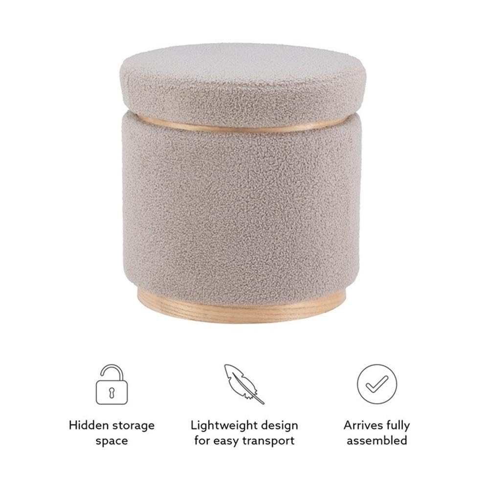 Linon Hawn Round Padded Storage Ottoman with Light Wood Trim - Gray Sherpa Fabric Upholstered Footrest Bench for Living Room, Bedroom & Home Decor
