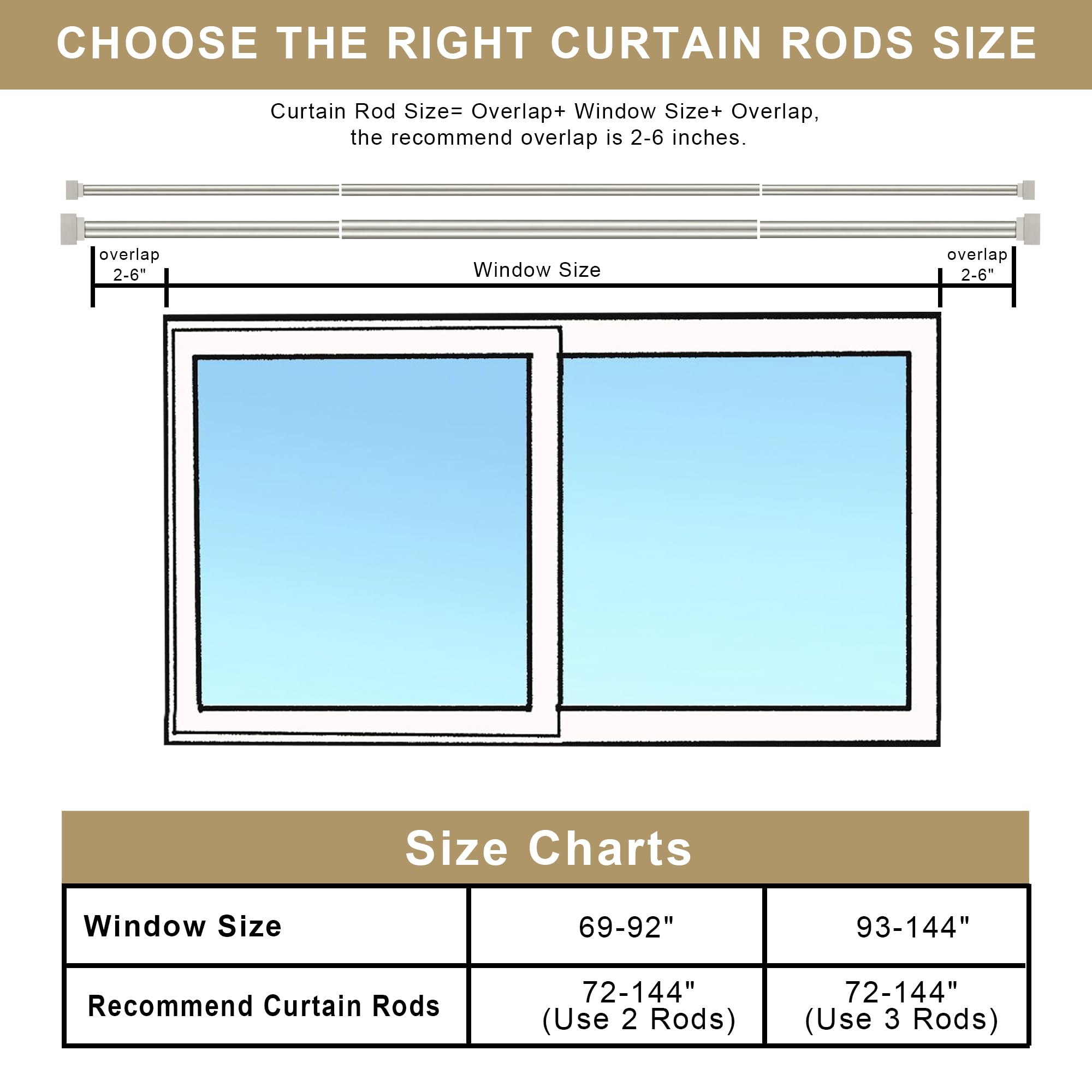 1 Inch Modern Double Window Curtain Rods - 72-144 Inch Adjustable Telescoping Heavy Duty Drapery Rods with Decorative Solid Square Allufer Finials - Dual Curtain Rod for Living Room, Bedroom & Home Decor (Brushed Nickel Finish)