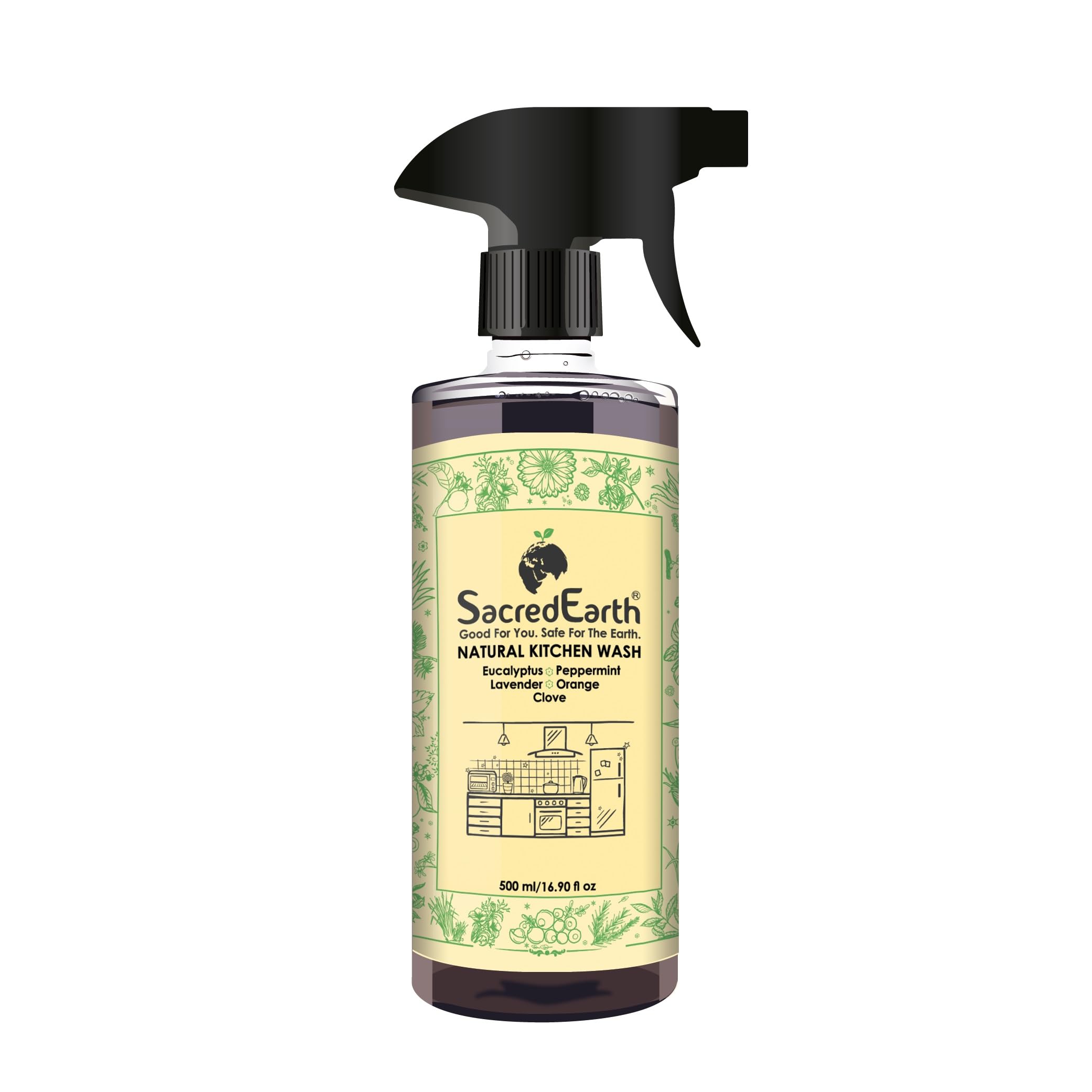 SacredEarth All-Natural Kitchen Cleaner with Orange, Lavender, Clove, Eucalyptus & Peppermint - 500ml Eco-Friendly Degreaser for Countertops, Stoves, Sinks & Appliances