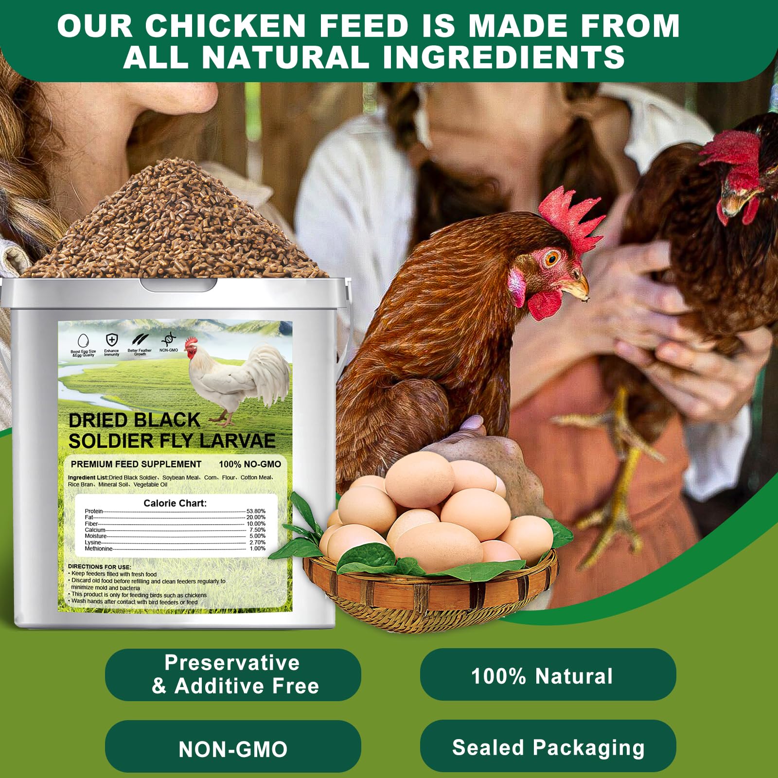 Organic Dried Black Soldier Fly Larvae Chicken Feed - 20lb High Protein & Calcium Chicken Food for Laying Hens | Better Nutrition Than Mealworms | Perfect for Backyard Chickens, Poultry Farms & Organic Egg Production