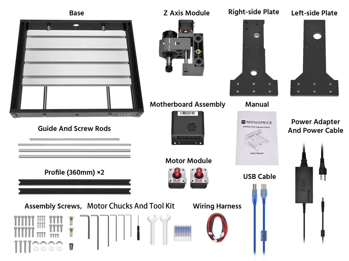 Monoprice 3-Axis Benchtop CNC Router Kit - 300x180x40mm Working Area for Soft Metal, Wood, Plastic, Acrylic, PVC & PCB Engraving/Milling - GRBL & Candle Software Compatible - Perfect for DIY Projects, Hobbyists & Small Workshop Fabrication