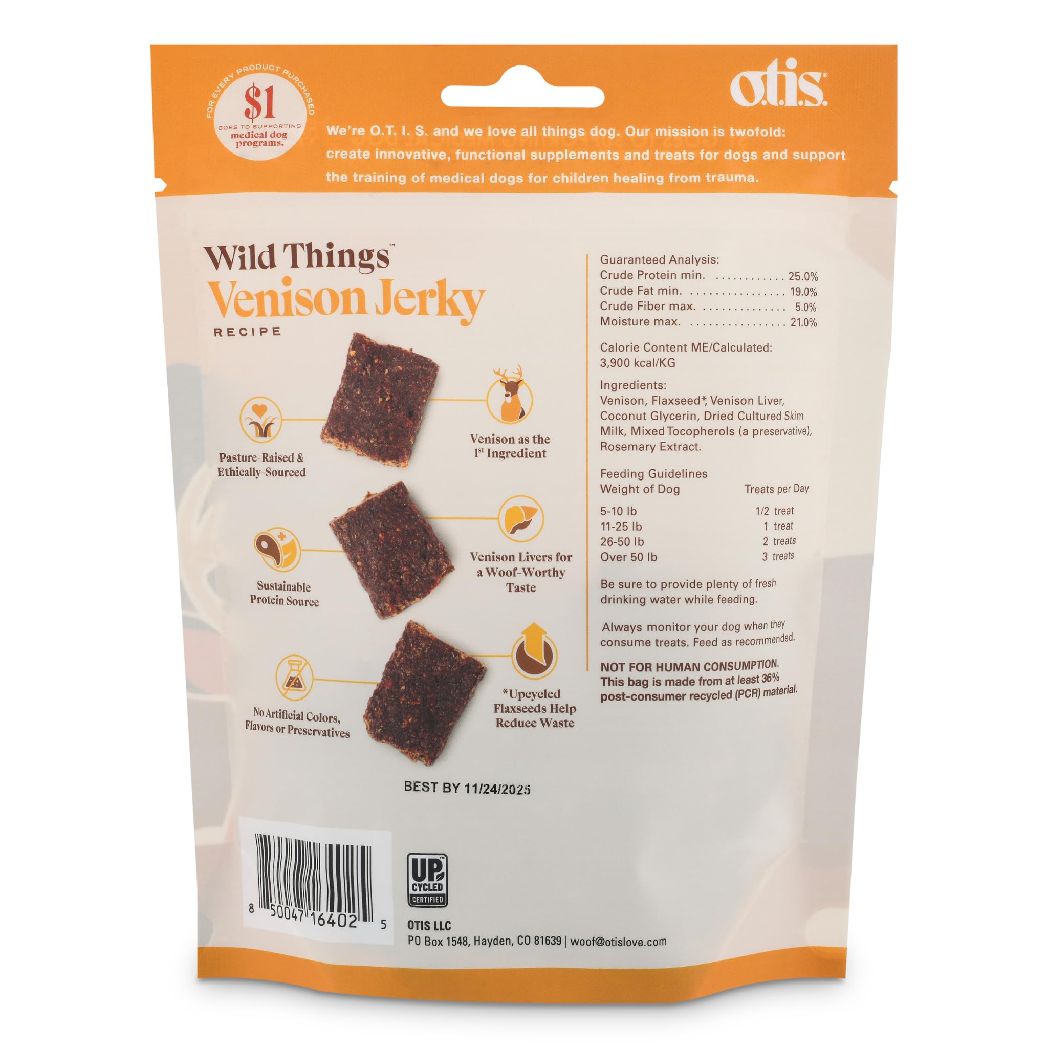 Premium OTIS Venison Jerky Dog Treats - High Protein, Grass-Fed, Pasture-Raised Healthy Snacks for Dogs | 4oz Resealable Bag | Perfect for Training, Rewards & Outdoor Adventures