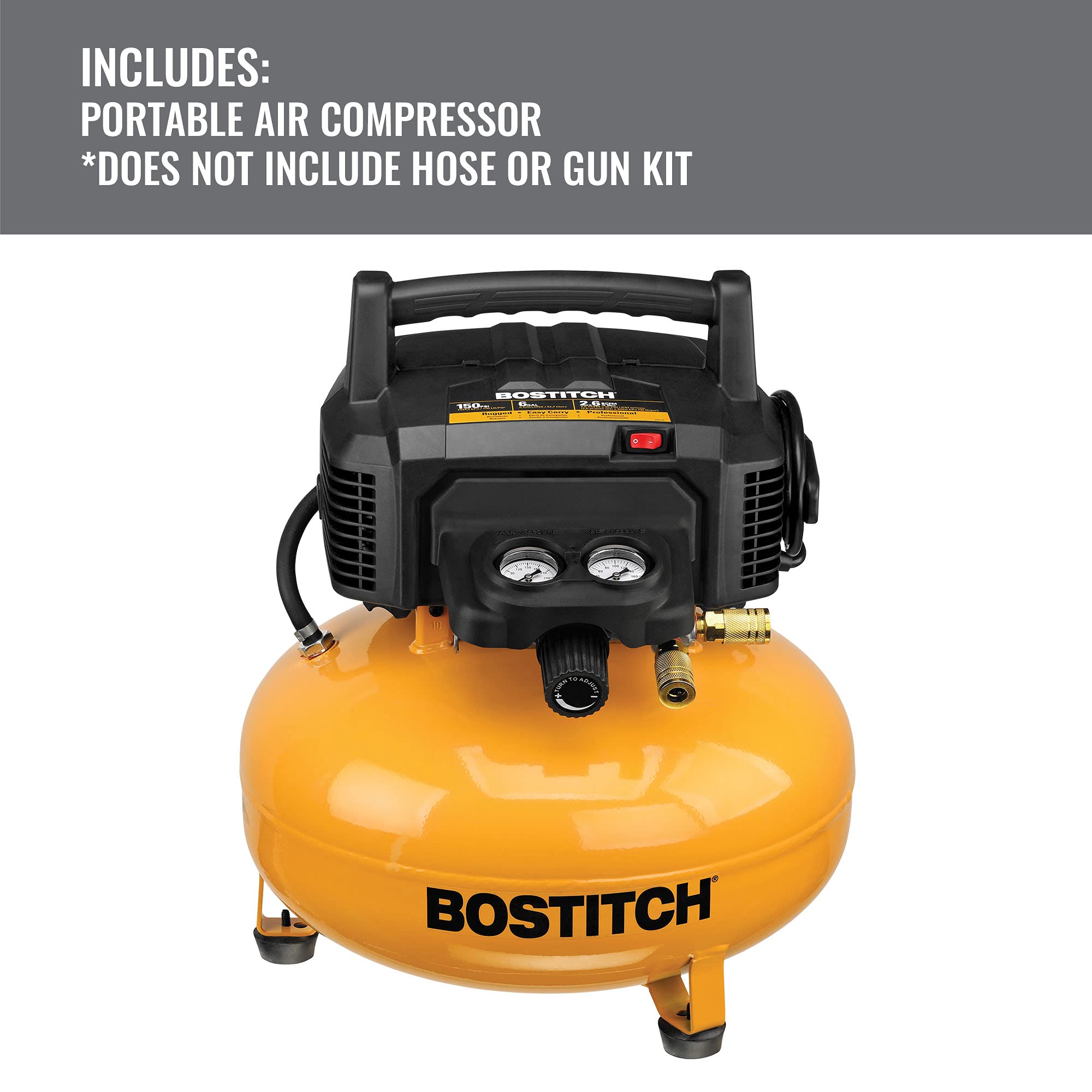 BOSTITCH BTFP02012-WPK 6 Gallon Oil-Free Air Compressor Kit - 150 PSI Portable Air Compressor for Nail Guns, Inflating Tires, and DIY Home Projects