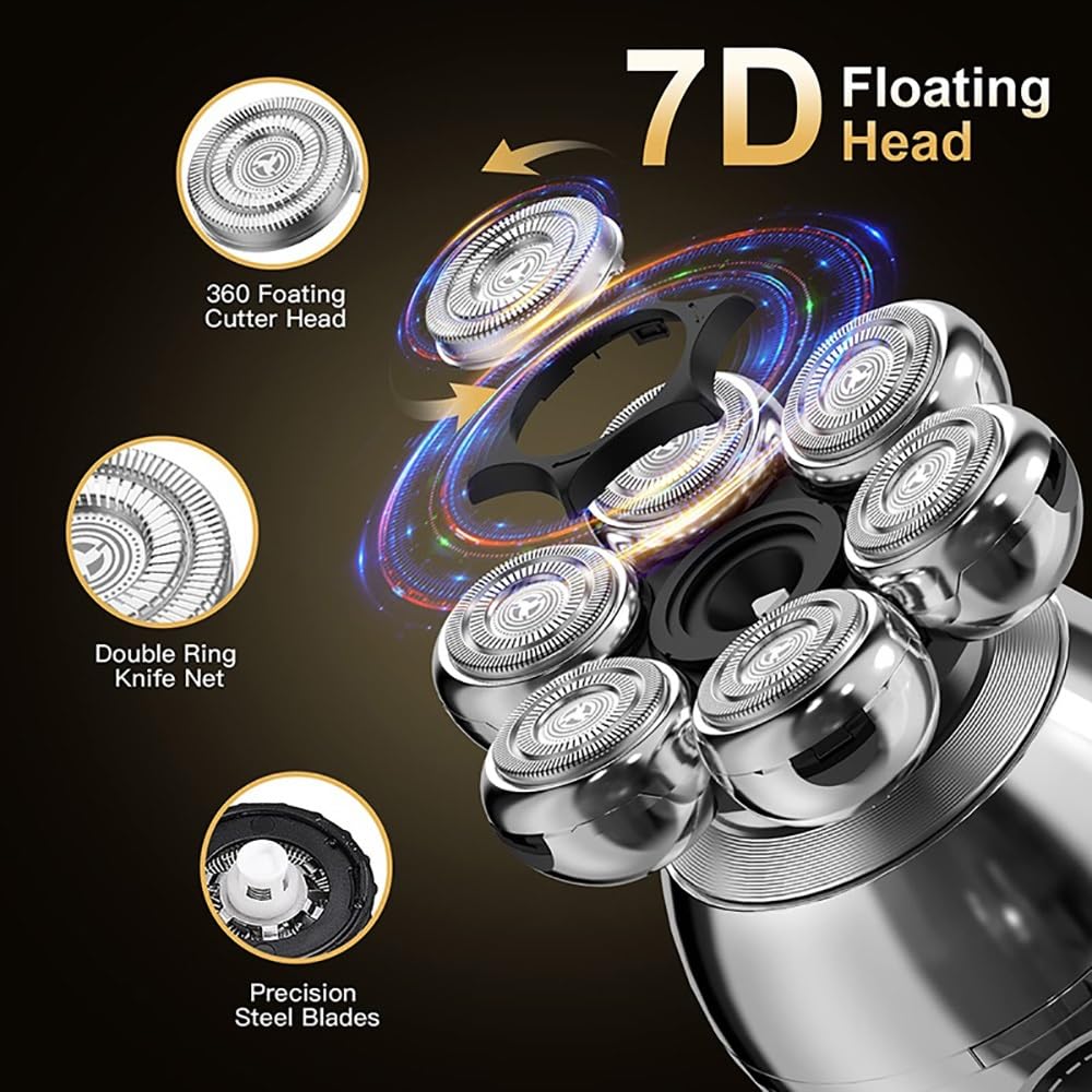 7D Floating Head Electric Shaver for Men - USB Rechargeable, Waterproof Bald Head Shaver with LCD Display & Nose Hair Trimmer - Perfect for Travel, Gym, and Daily Grooming Routine