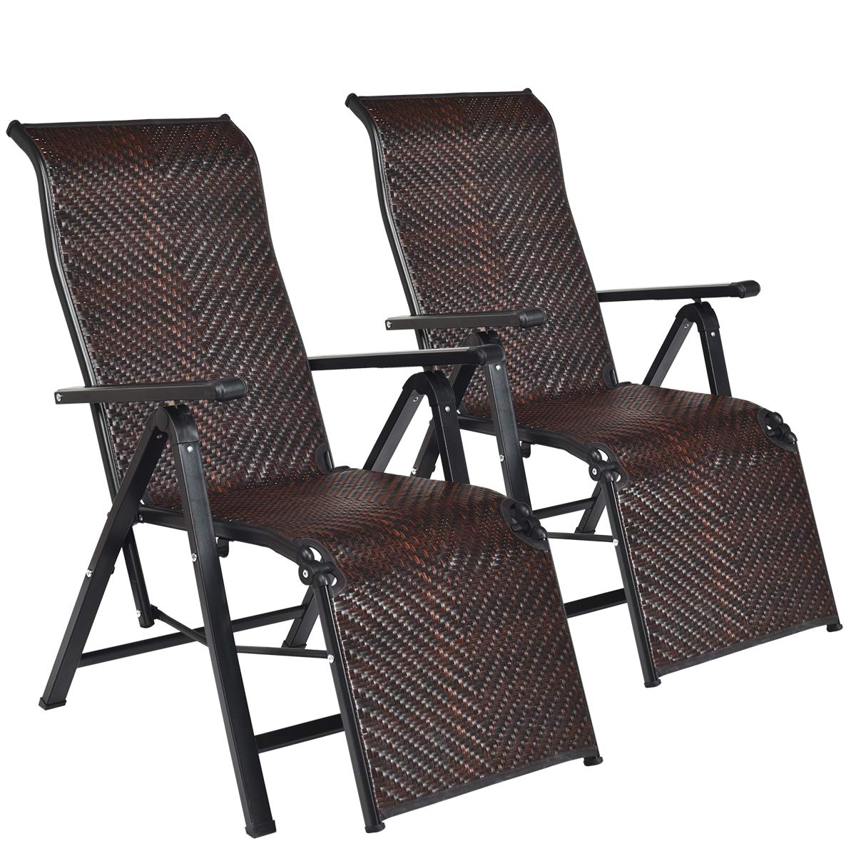 Tangkula 2-Pack Foldable Rattan Recliner Chairs - Adjustable Outdoor Lounge Chairs with Wide Armrests & Sturdy Steel Frame - Perfect for Patio, Garden, Beach, Poolside Relaxation & Backyard Lounging