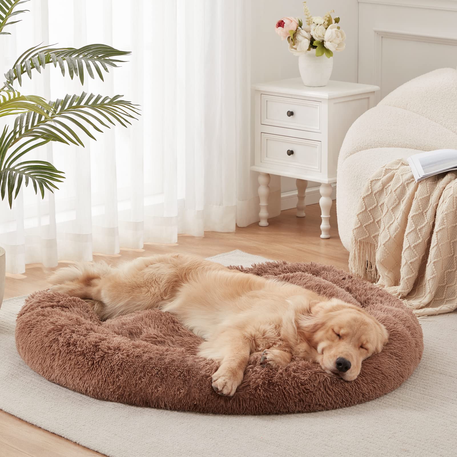 **Calming Donut Dog Bed for Small Medium Large Dogs - Anti Anxiety Pet Bed with Soft Fuzzy Fabric, Machine Washable (23