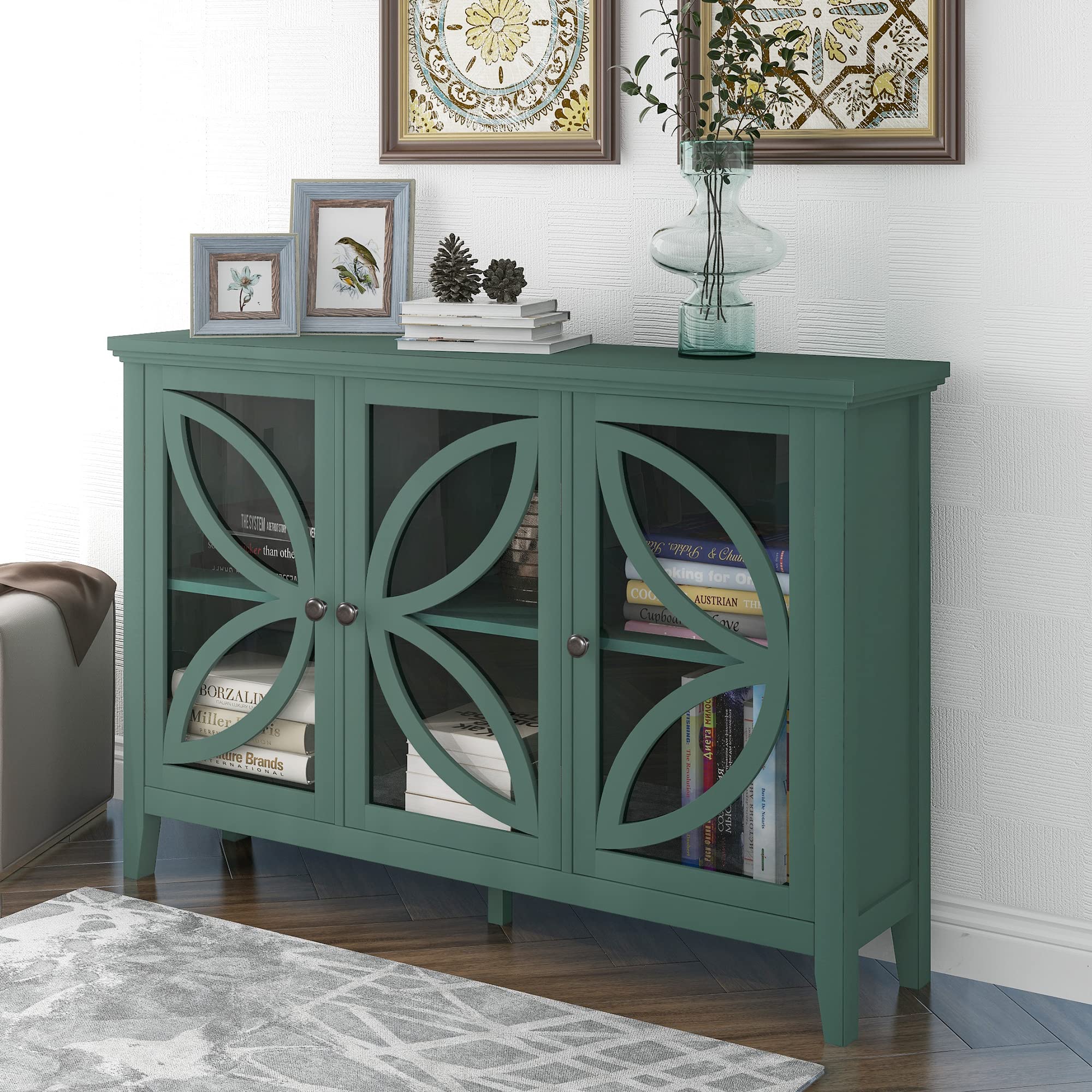 Knocbel 47 Inch Modern Console Table with 3 Glass Doors & Adjustable Shelf - Entryway Hallway Storage Cabinet, Buffet Sideboard for Dining Room - 99lbs Weight Capacity (Green) | Perfect for Foyer Decor, Living Room Storage & Dining Room Organization