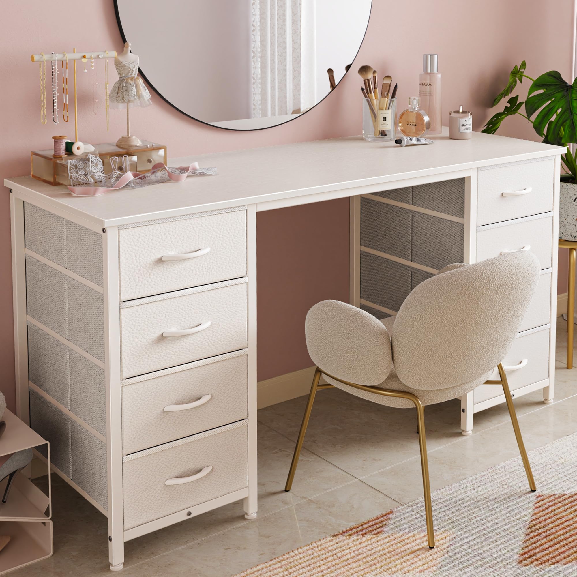 Huuger 47 Inch White Vanity Desk with 8 Fabric Drawers - Spacious Computer Desk for Home Office & Bedroom - Perfect for Makeup, Work, and Study with Ample Storage Space