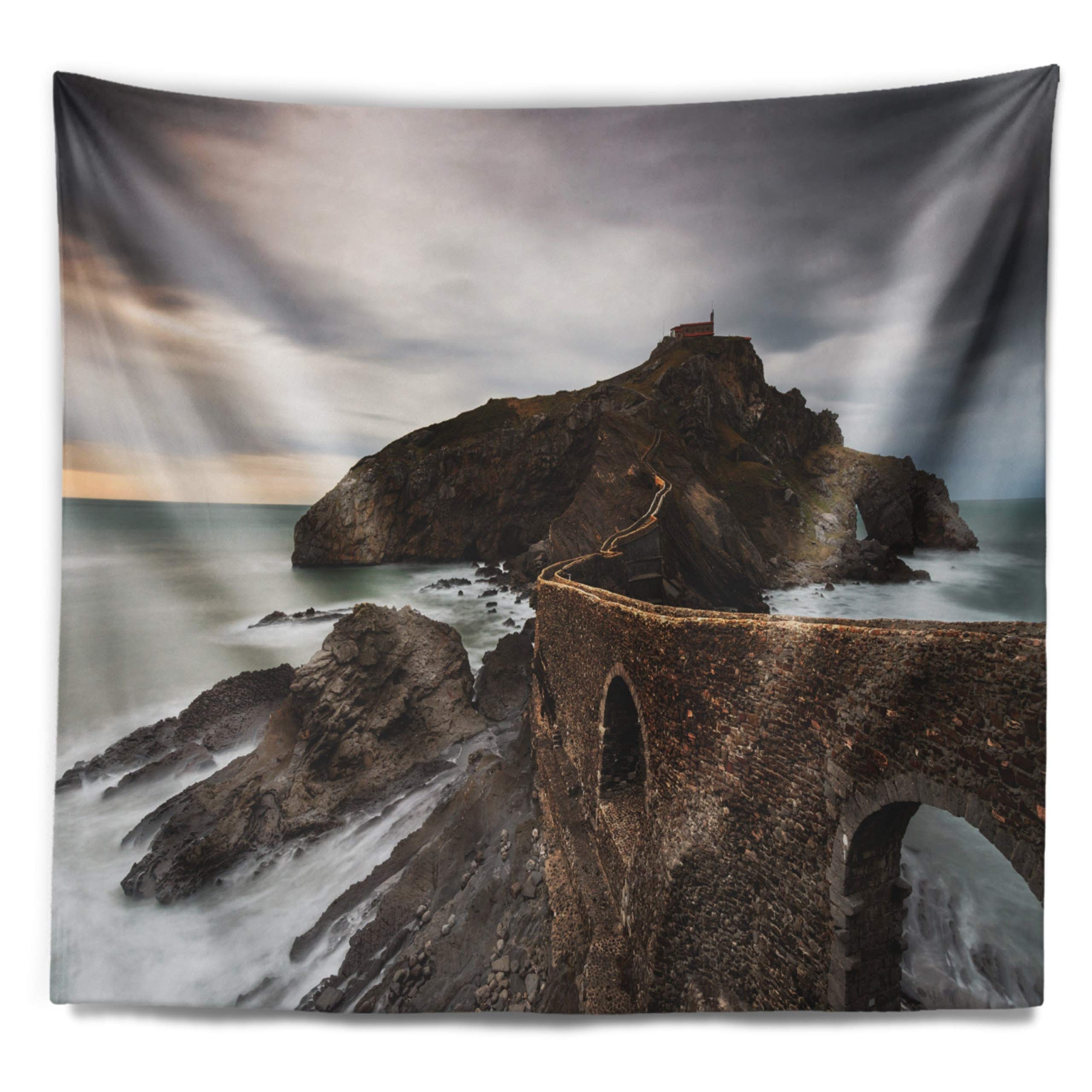 Designart Cape and Chapel in Spanish Beach Oversized Tapestry Wall Hanging - 92 x 78 Inches - Coastal Home Decor, Bohemian Bedroom Aesthetic, Living Room Accent Piece