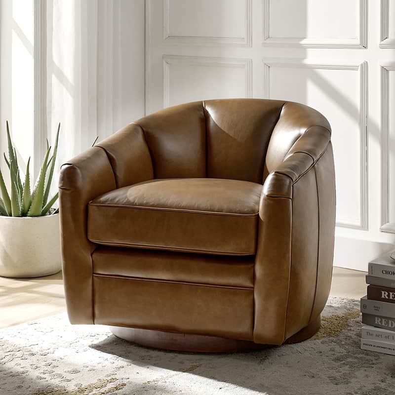**Misha Barrel Armchair with Genuine Leather – Modern Living Room Chair for Home, Office & Lounge – Comfortable Leather Accent Chair**