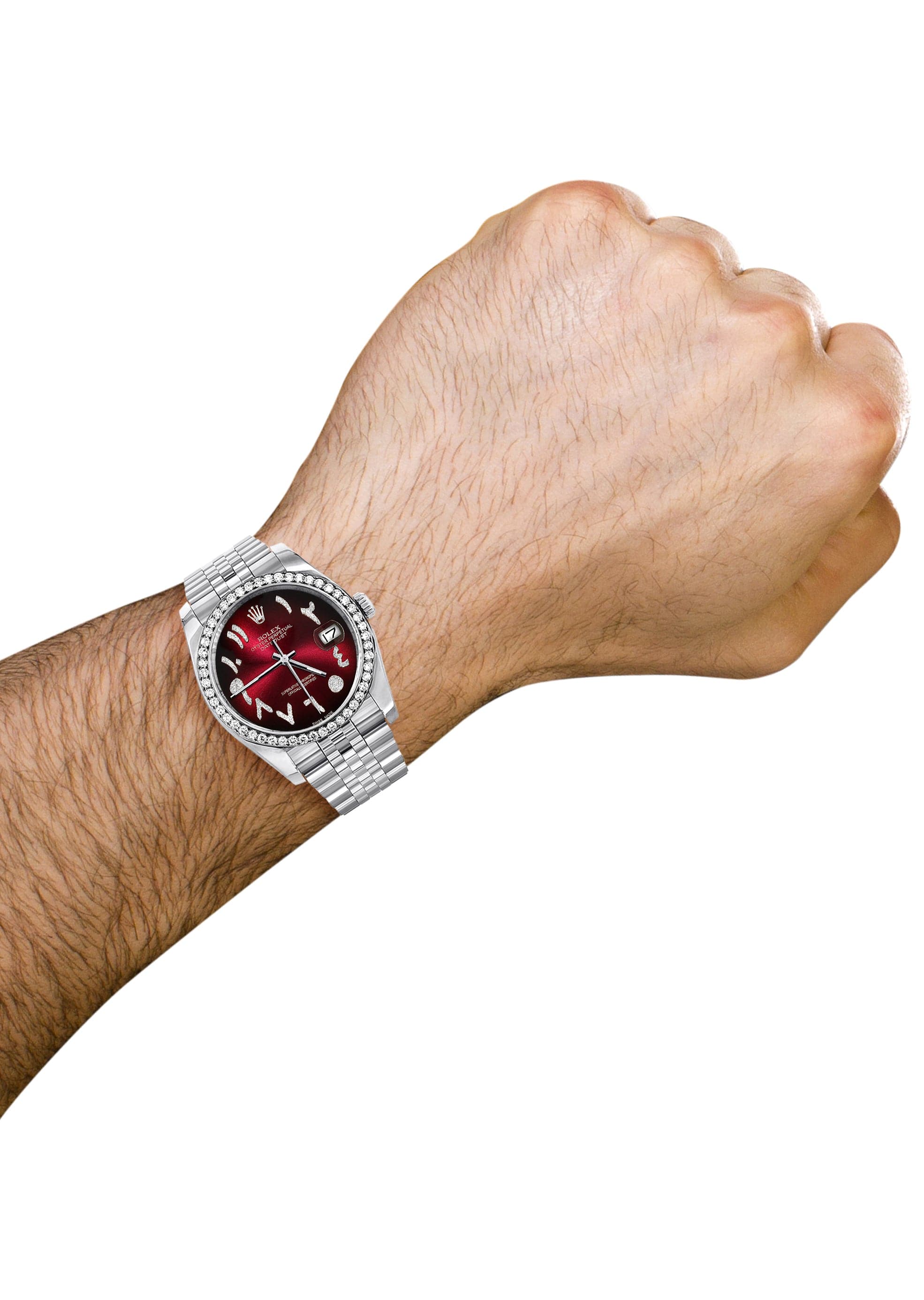 Rolex Datejust 36mm Watch - 116200 Model with Hidden Clasp, Diamond Markers & Red Black Arabic Dial | Luxury Jubilee Bracelet | Perfect for Business Meetings, Formal Events & Special Occasions