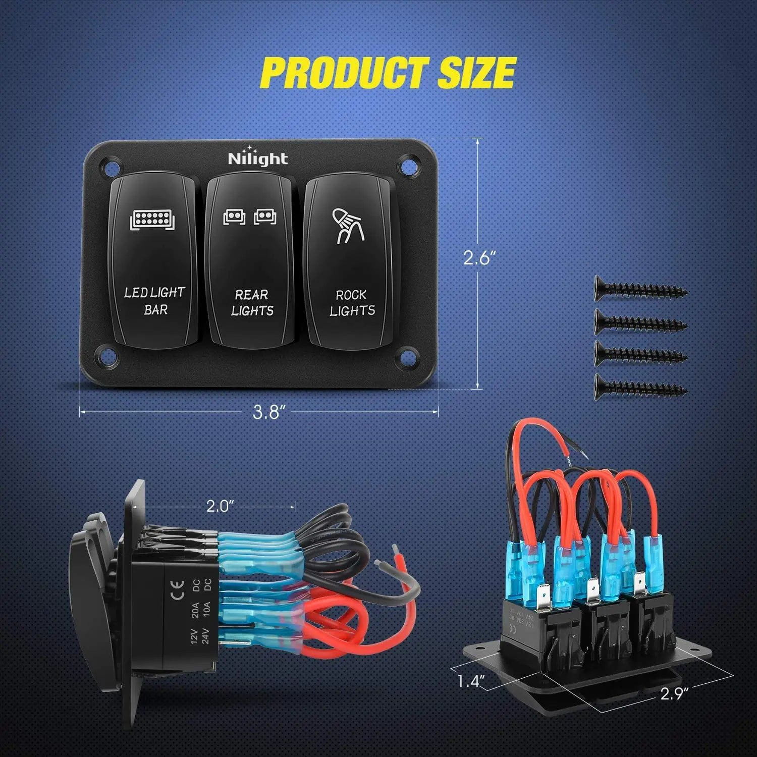 3 Gang LED Light Bar Rocker Switch Panel with 5 Pin ON/Off - Waterproof for Off-Road Vehicles, Trucks, ATVs, Boats - Red Rear Lights & Rock Lights for Enhanced Night Visibility
