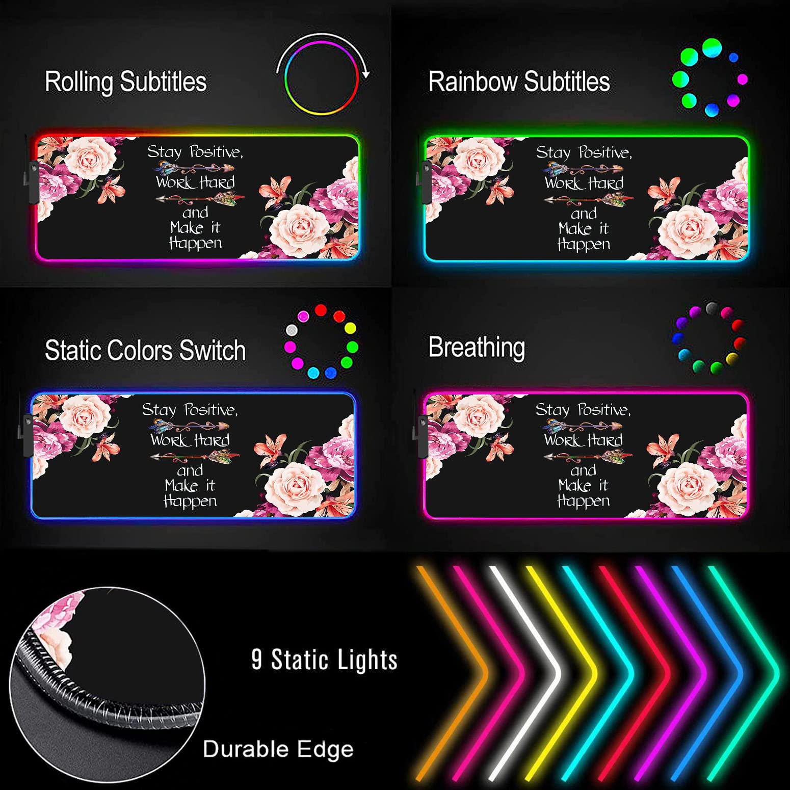 RGB Gaming Mouse Pad with LED Lights - Large Non-Slip Desk Mat for Keyboard & Mouse - Flower Peony Design 