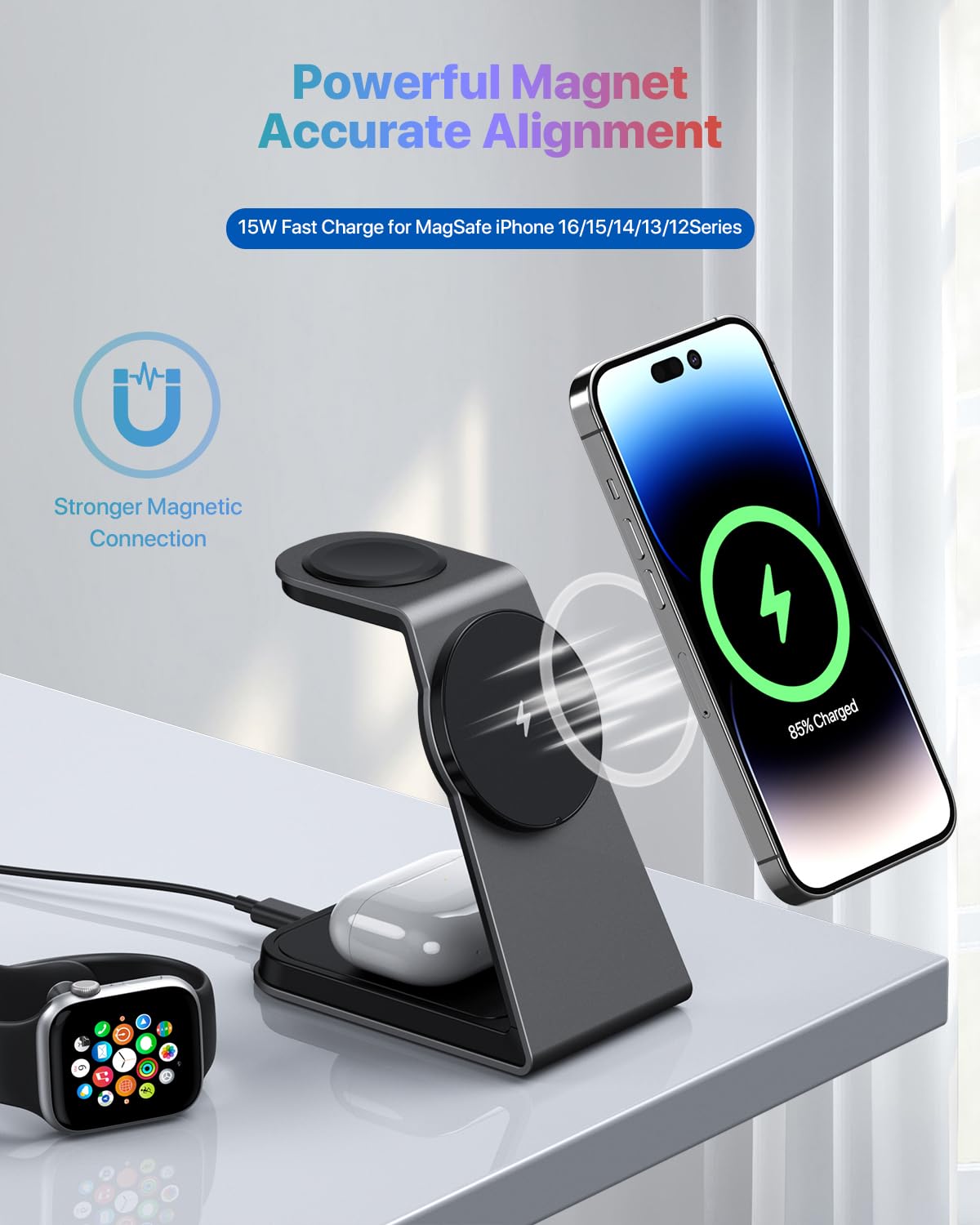 3 in 1 Magnetic Wireless Charging Station - 15W Fast Charging Aluminum Alloy Stand for iPhone 16/15/14/13 Series, Apple Watch Series & AirPods 3/2/Pro | Perfect for Home, Office & Travel Charging Needs