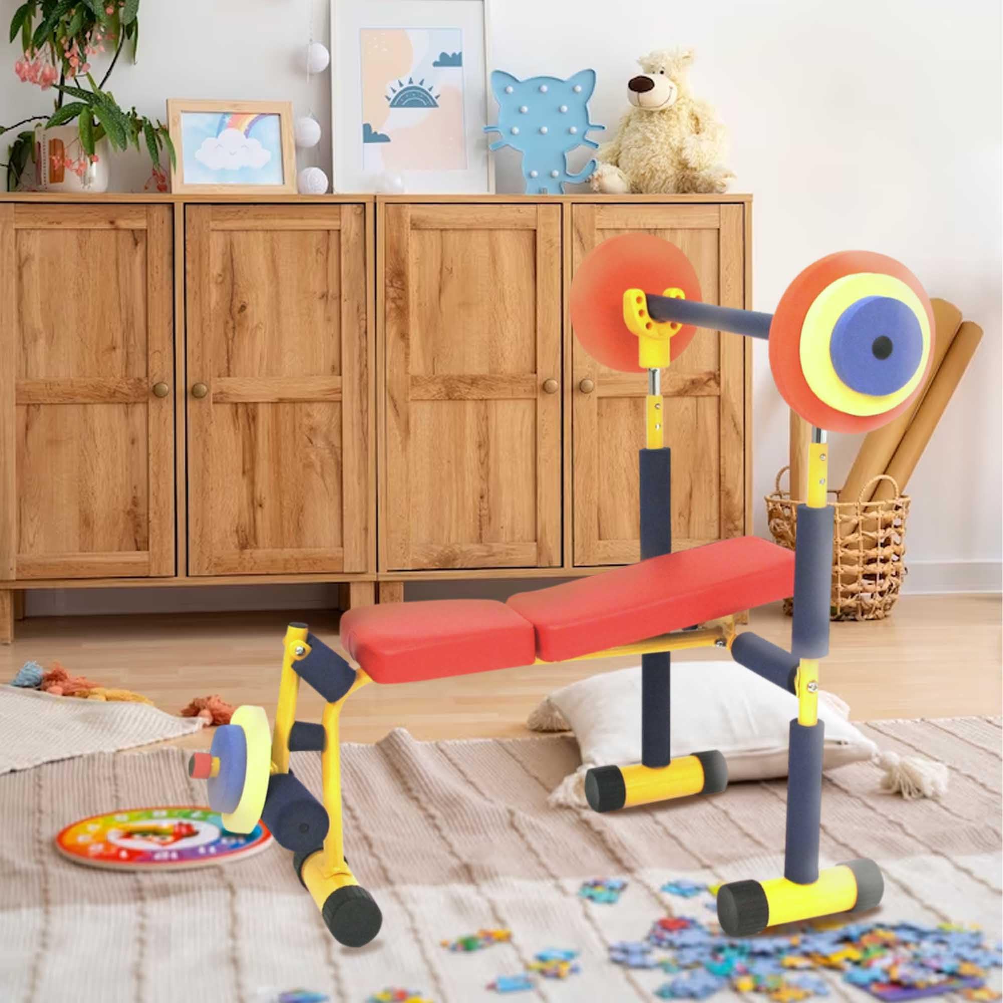 Redmon Kids Adjustable Weight Bench Press Set with Barbell & Foam Weights - Fun & Fitness Training for Children | Home Gym Equipment for Youth Strength Exercise