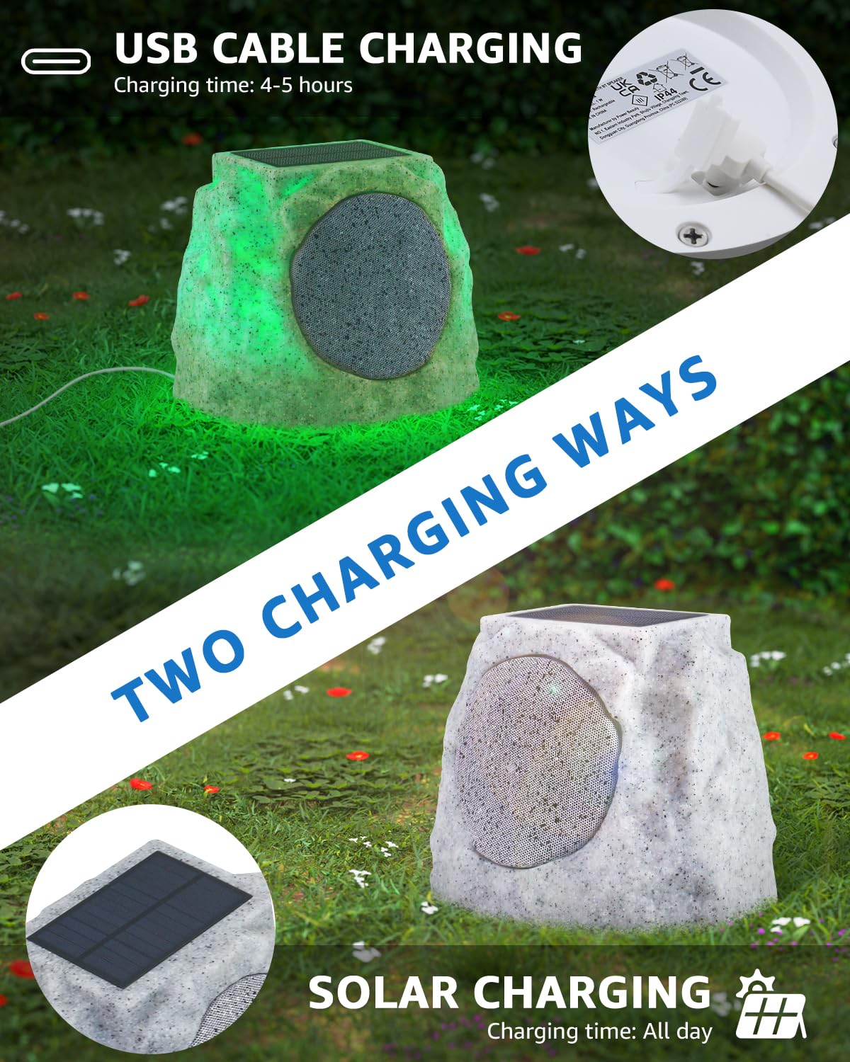 Outdoor Bluetooth Rock Speakers - Solar Powered, Waterproof, Wireless with RGB Lights & TWS Pairing - All Weather Resistant for Patio, Deck, Pool, Garden, BBQ (2-Pack) - Perfect for Outdoor Parties, Camping, and Backyard Entertainment