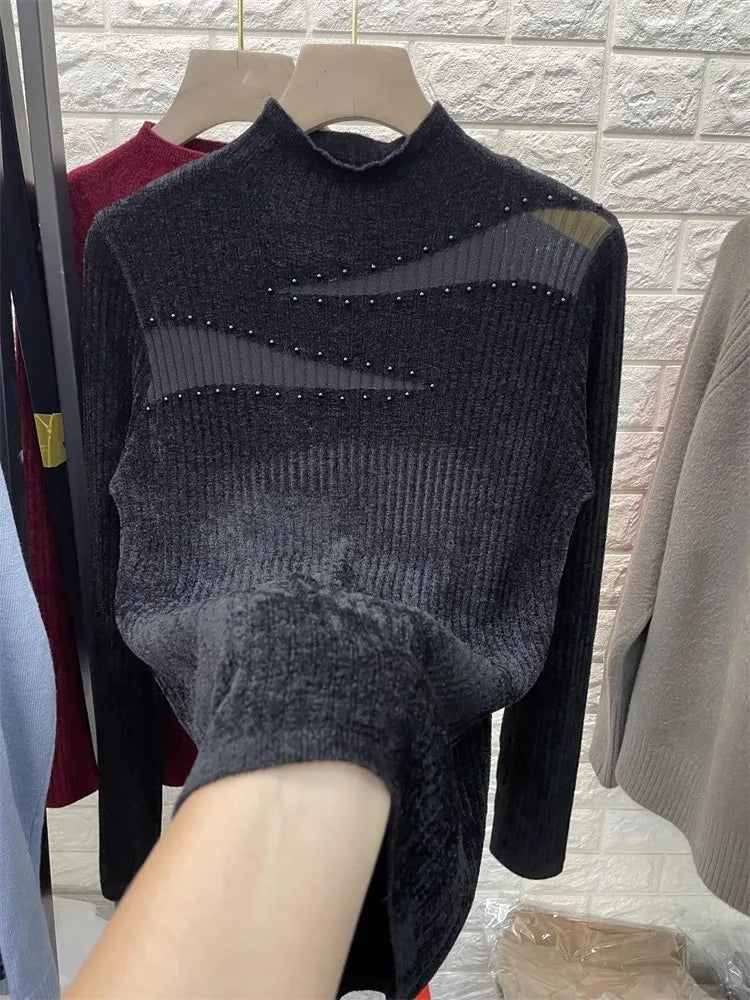Women's Slim Fit Mesh Rhinestone Sweater - High Quality Mock Neck Knitted Top for Autumn & Winter | Elegant Layering Piece for Office, Party & Date Nights