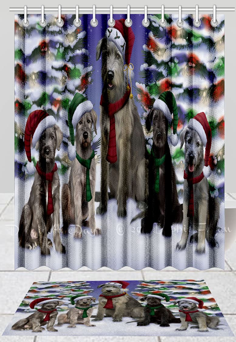 Christmas Wolfhound Dog Shower Curtain & Bath Mat Set - Anti-Slip Polyester Bathroom Decor with Hooks (Mat 16