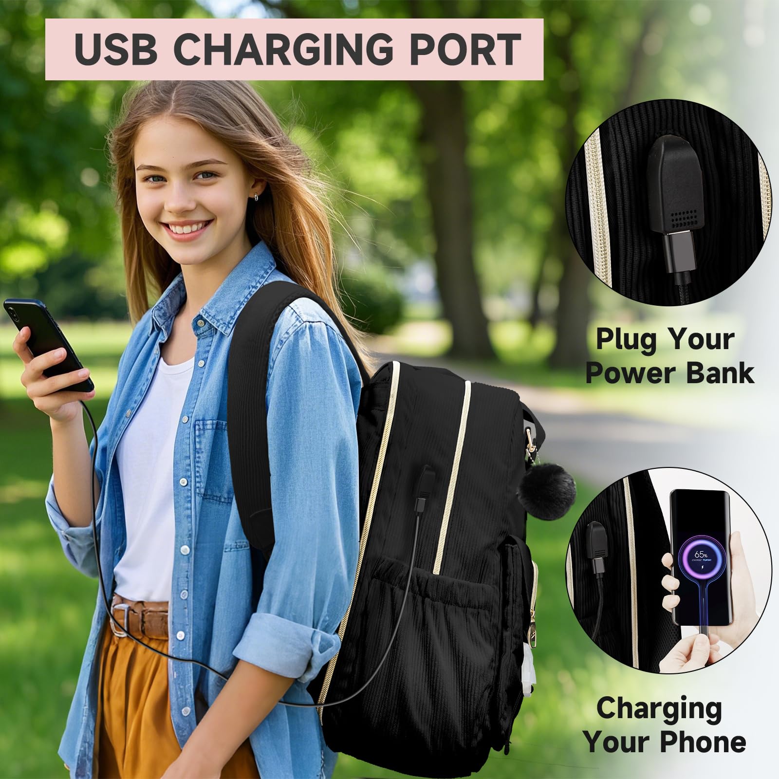 MATEIN Cute Laptop Backpack for Women - 15.6 Inch Corduroy USB Charging Backpack, TSA Lightweight Aesthetic Daypack for College, Work, Travel, Nurse, Teacher Gift - Perfect for Office, School, and Daily Commute