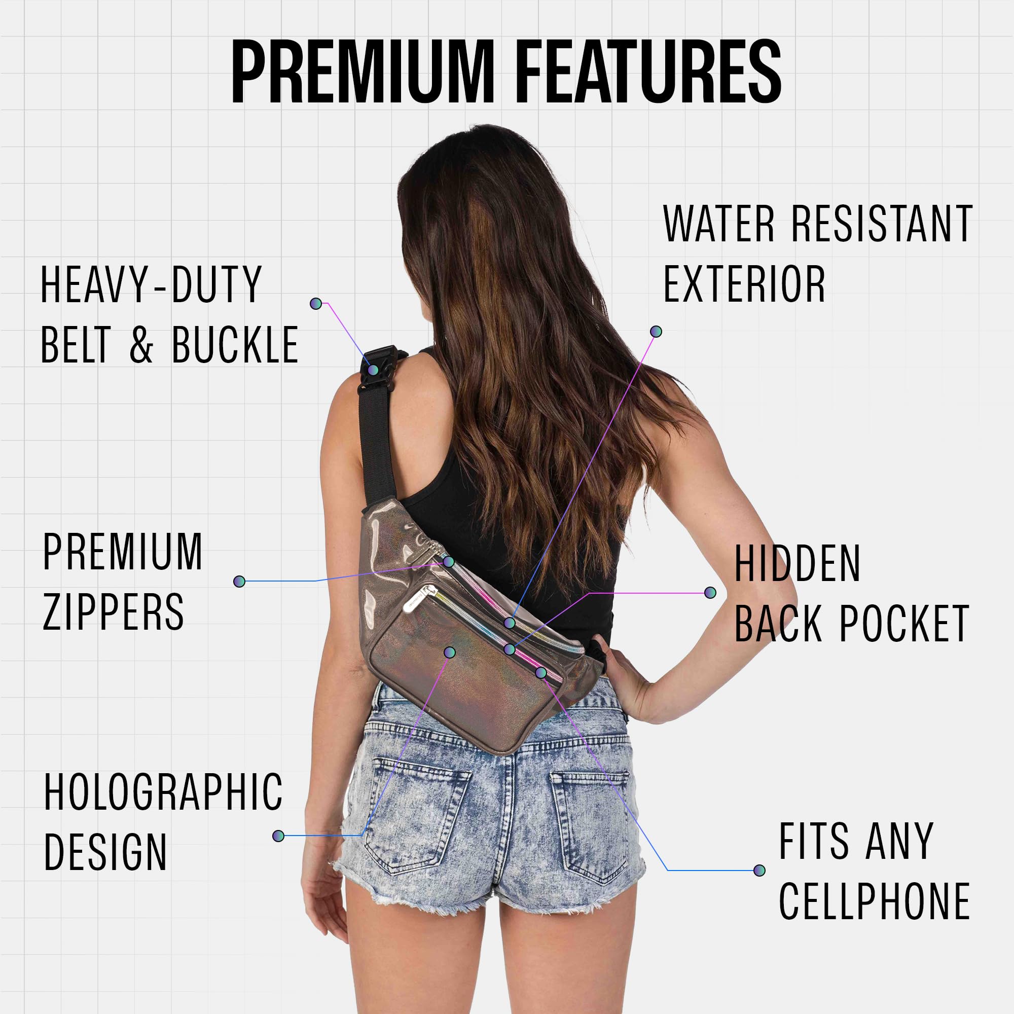 Holographic Fanny Pack Belt Bag for Men & Women - Waterproof Crossbody Waist Bag with Large Capacity - Hands-Free Bumbag for Hiking, Running, Travel, Festivals & Outdoor Activities (Copper Glitter)