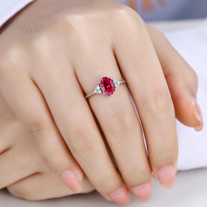 Minimalist Elongated Hexagon Lab Ruby Engagement Ring with Diamond Cluster - 7 Stones in 18K White Gold for Wedding, Proposal & Anniversary Gifts