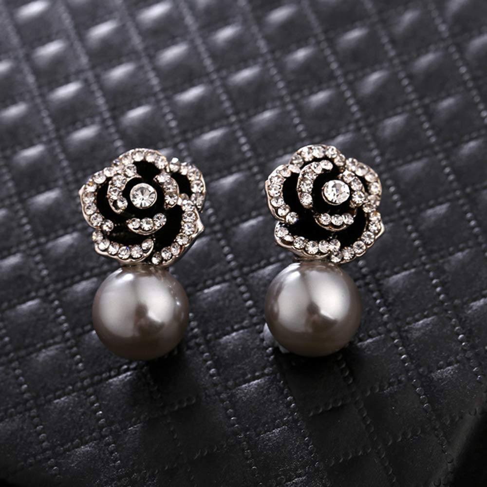 Elegant Women's Faux Pearl & Rhinestone Rose Stud Earrings – Perfect for Weddings, Parties & Everyday Wear