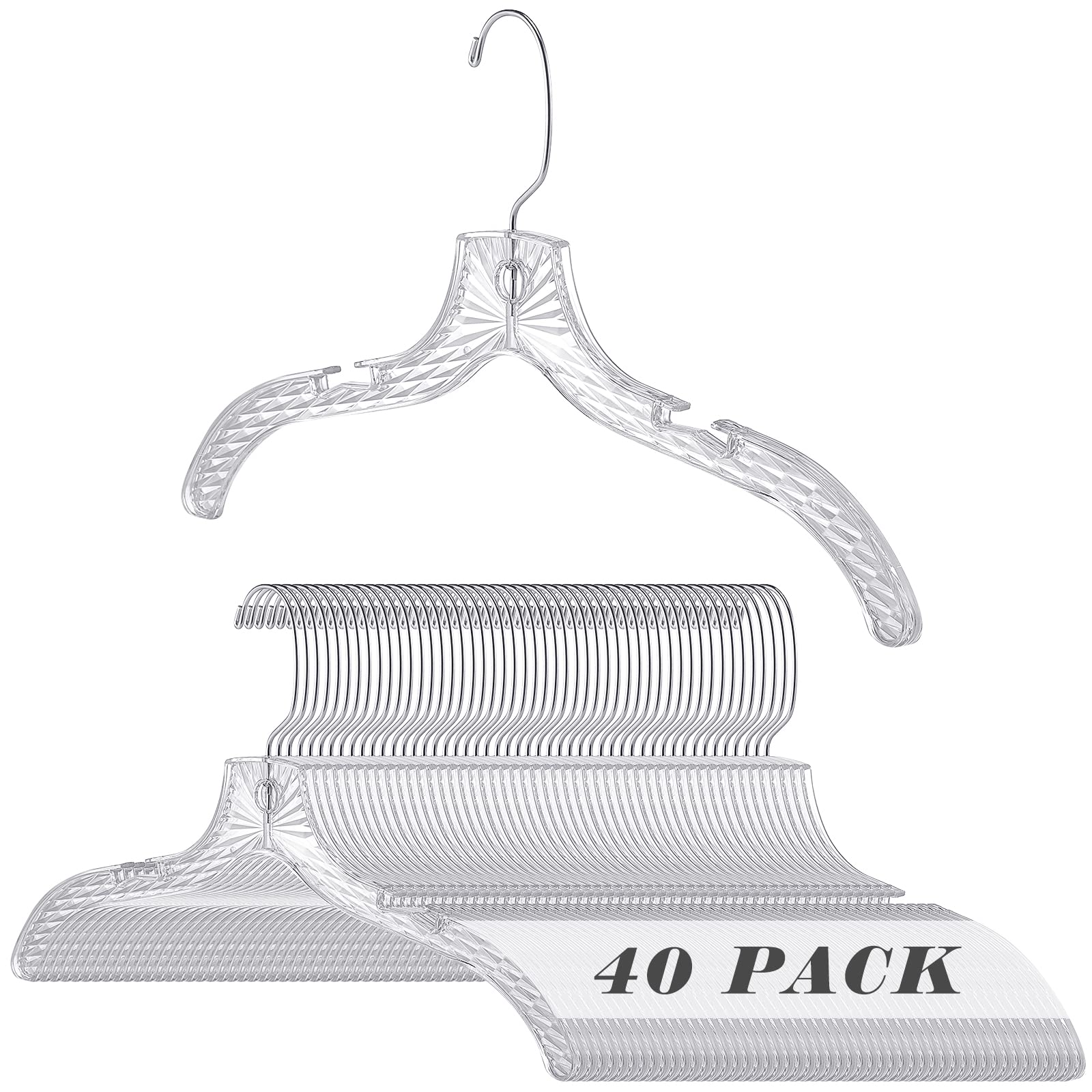 Roowest 40 Pack Clear Plastic Hangers - Thick Acrylic Crystal Cut Non-Slip Closet Hangers for Coats, Dresses, Suits, Shirts & Jackets | Space Saving & Durable | Perfect for Home, Closet Organization & Retail Stores