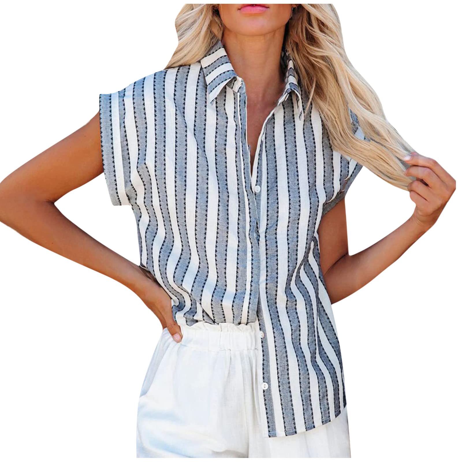 Trendy Women's Summer Casual Button Down Shirt - Bell Short Sleeve Lapel Blouse with Striped Print, Loose Tunic Tops for 2022 | Perfect for Beach Outings, Office Wear & Casual Street Style