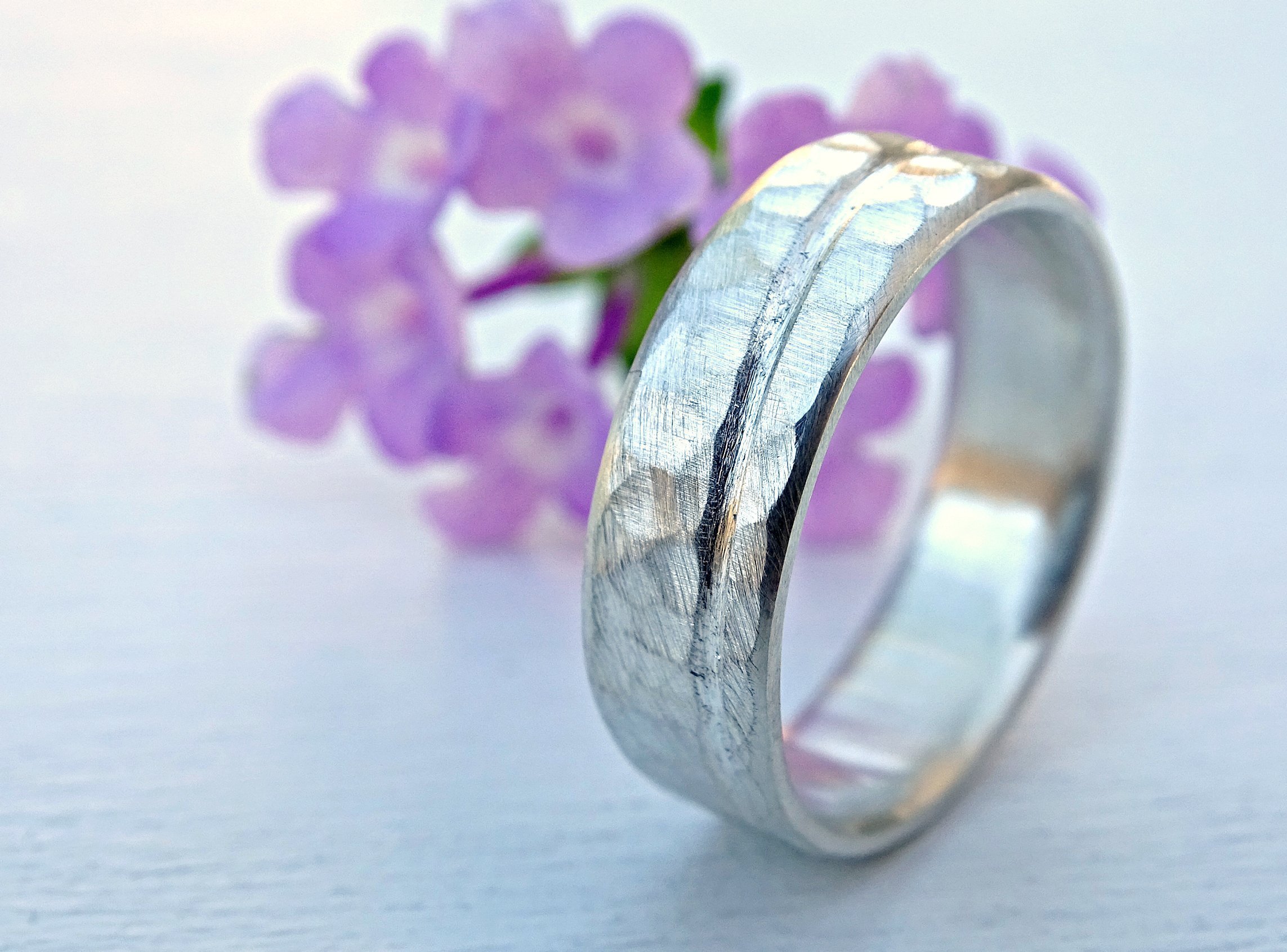 Rustic Wave Silver Ring for Men - Ocean Inspired Hammered Wedding Band - Unique Wide Mens Ring for Beach Weddings & Everyday Wear