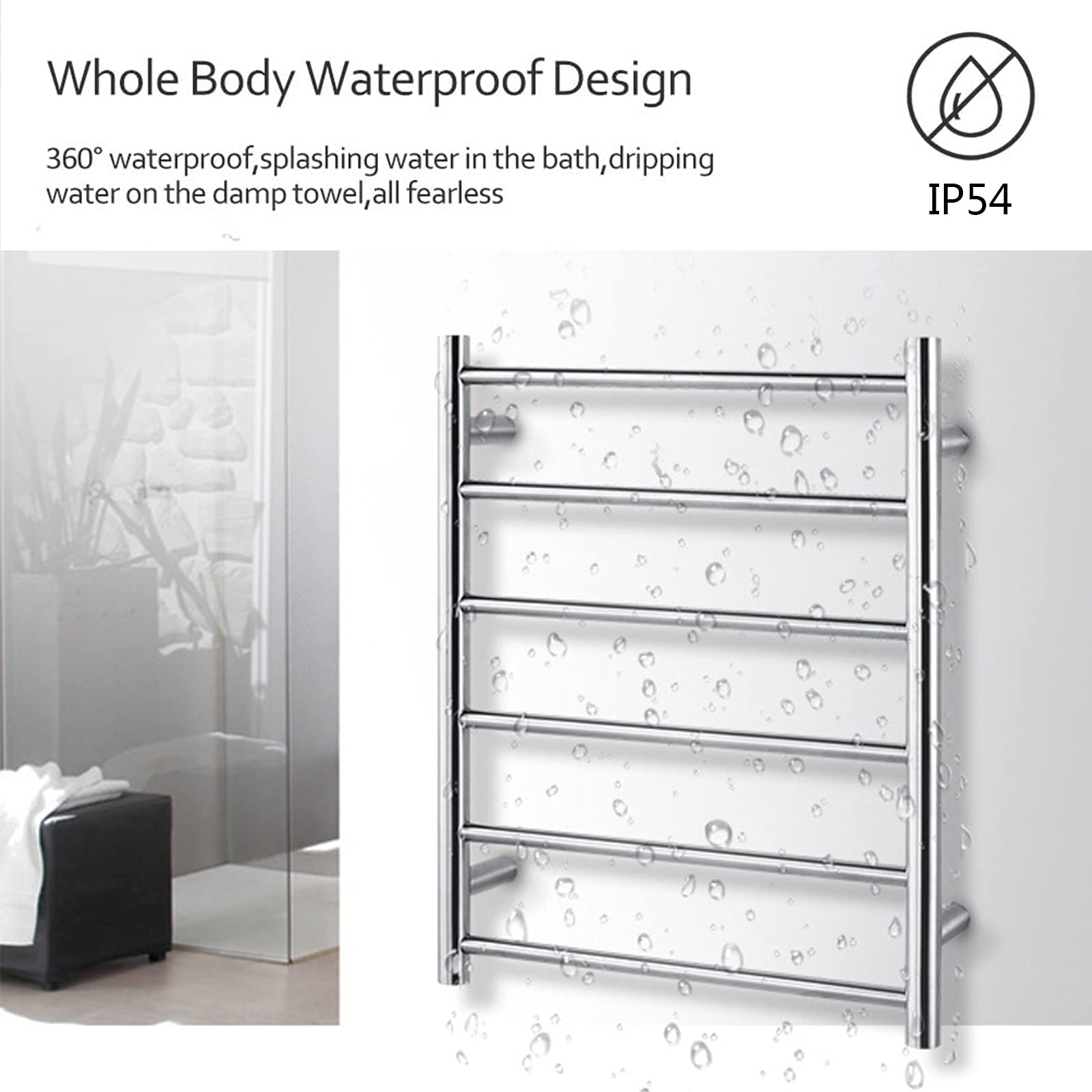 Electric Heated Towel Rack - 6 Round Bar Wall Mounted Stainless Steel Towel Warmer for Bathroom | Low Energy Consumption | Modern Bright Design | Hardwired Installation | Perfect for Spa, Luxury Hotels & Cozy Home Bathrooms