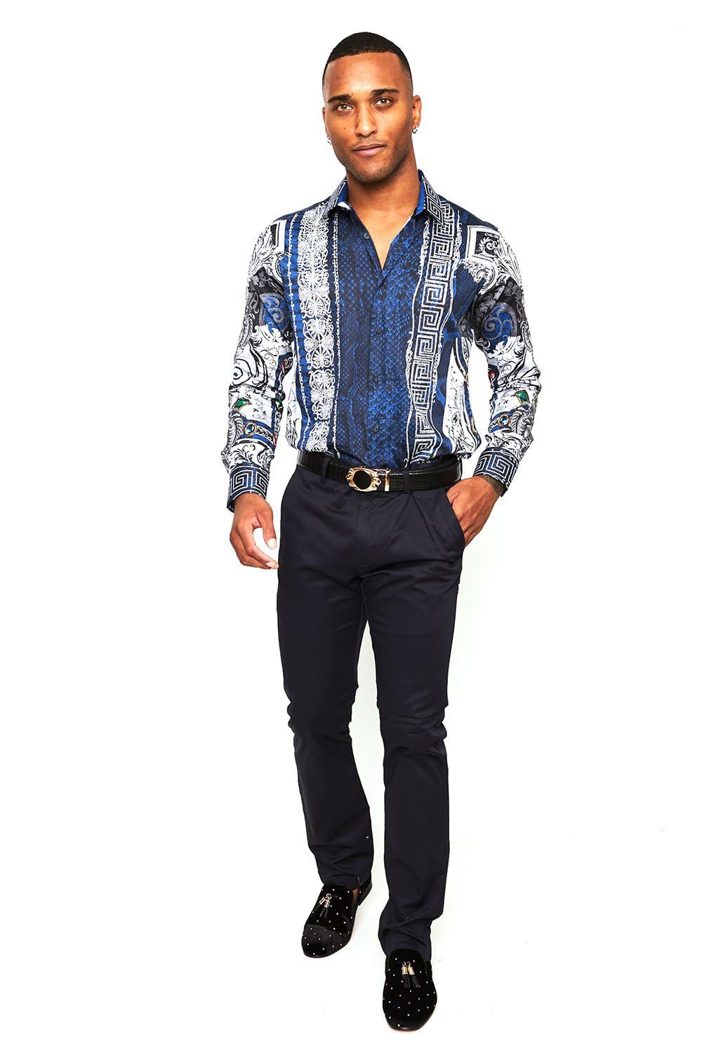 Barabas Men's Rhinestone Greek Snake Pattern Shirt SPR962 - Stylish Party & Nightclub Wear for Men