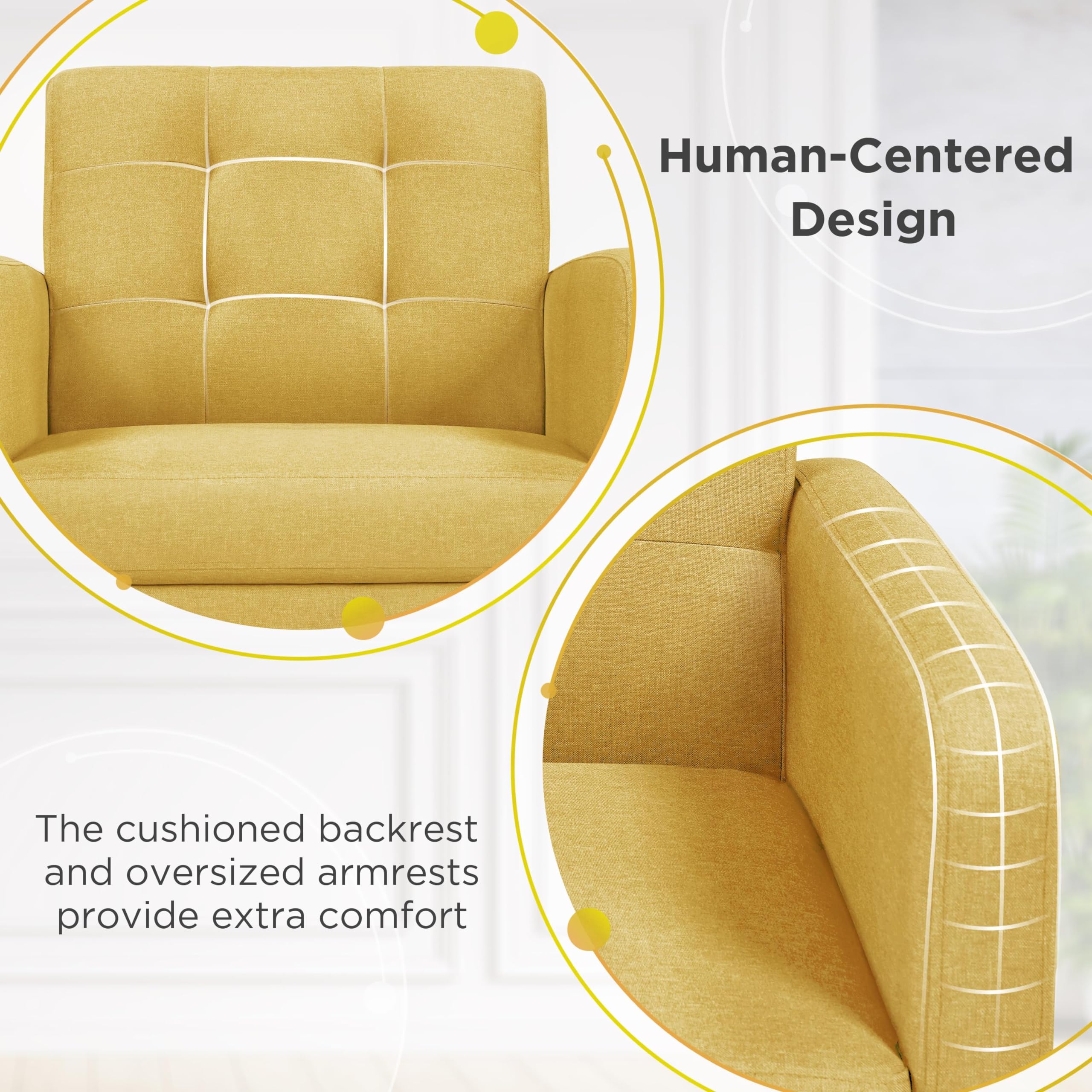 Yaheetech Mid-Century Modern Accent Chairs Set of 2 - Upholstered Living Room Armchairs with Button Tufted Back & Wooden Legs, Yellow - Perfect for Bedroom, Office, Cafe & Lounge Decor