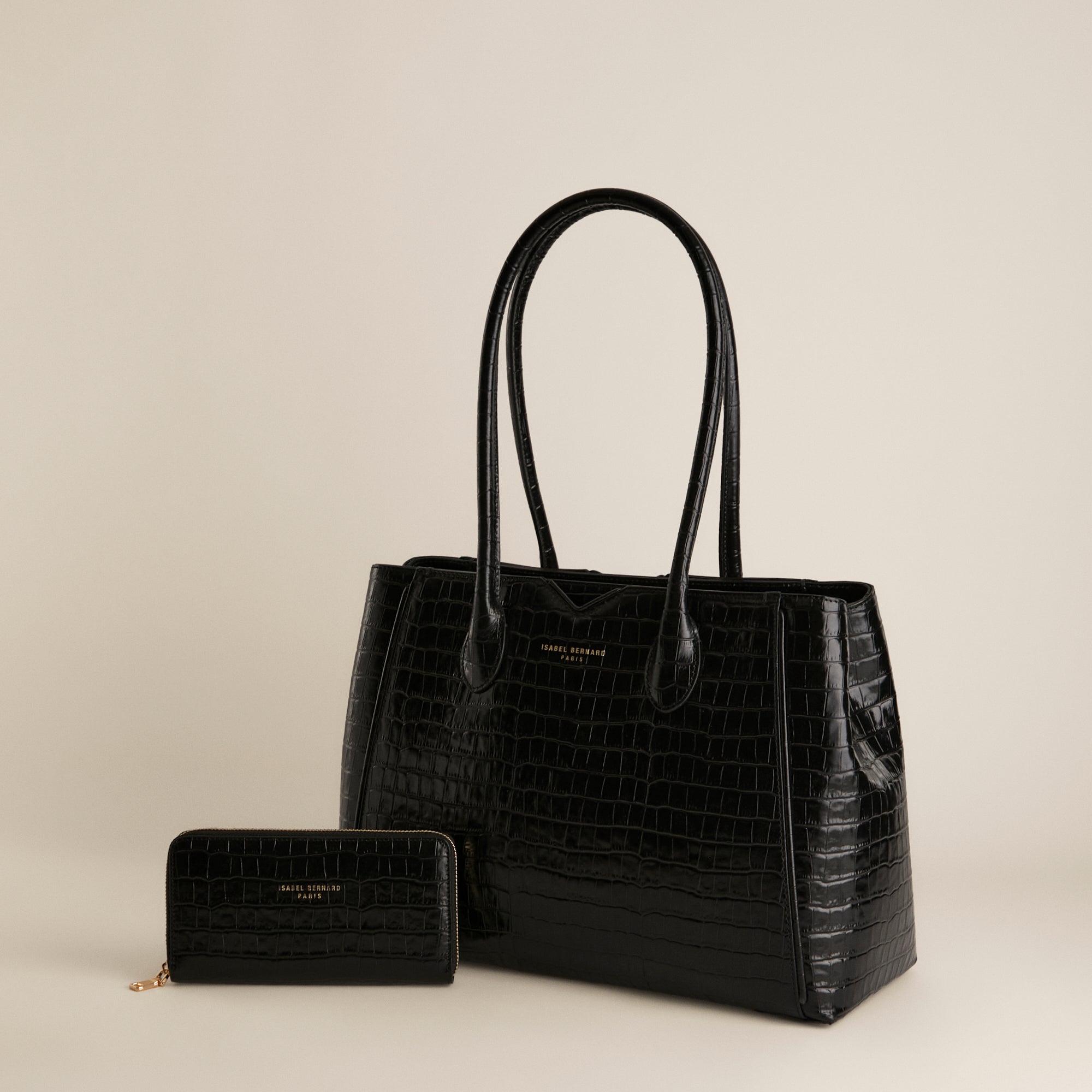 Isabel Croco Black Calfskin Leather Handbag and Wallet Set for Women - Luxury Gift for Birthday, Anniversary & Travel Accessories