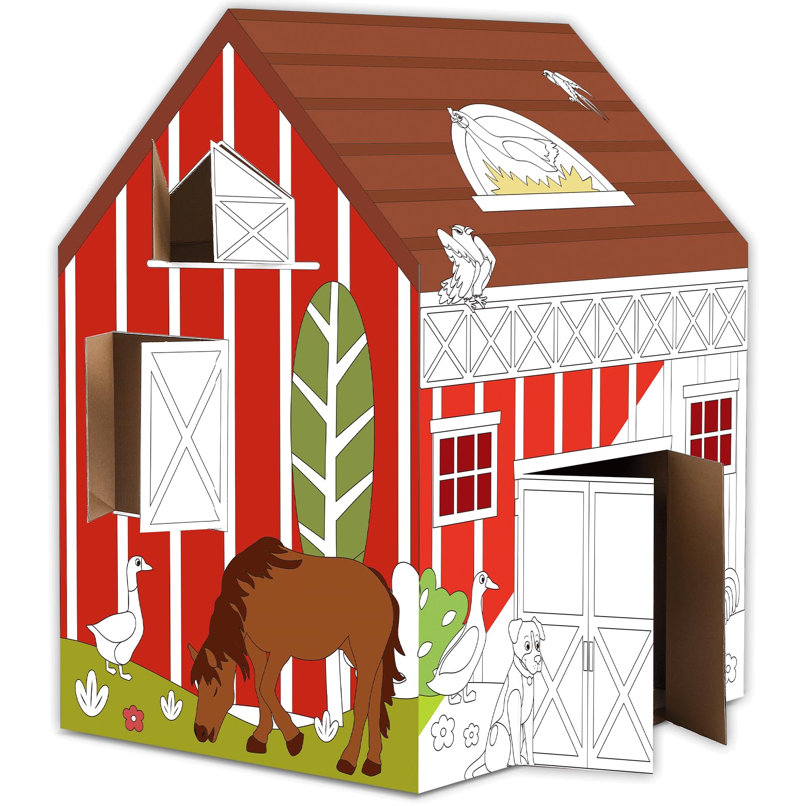 DIY Farm Animals Playhouse - Large Coloring Barn for Kids, Indoor & Outdoor Art and Craft Activity, Personalized Cardboard Fort Gift for Birthday & Playroom Decor