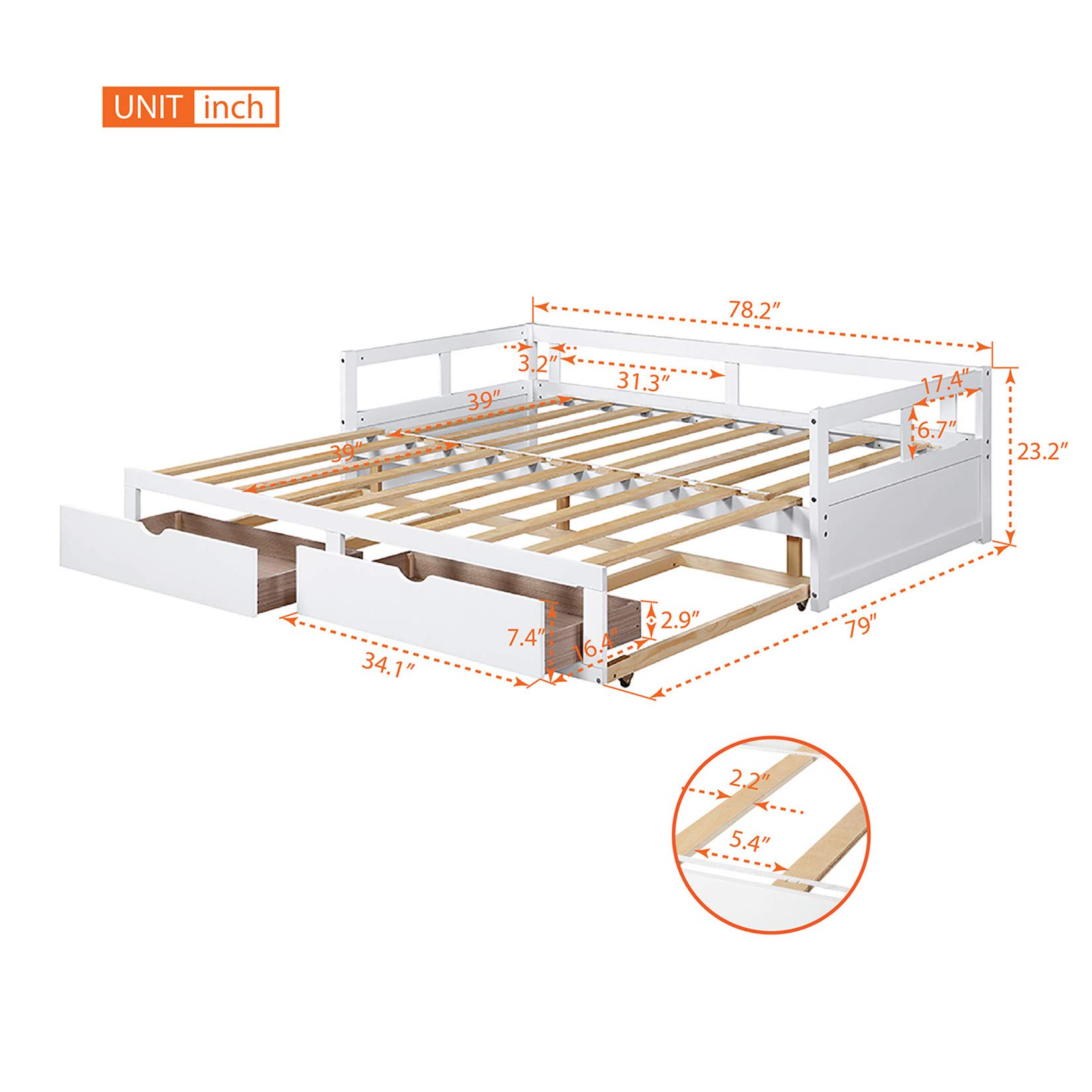 Convertible Daybed with Trundle and Storage Drawers - Twin to King Size Wooden Sofa Bed for Living Room & Guest Room - White Finish | Perfect for Small Spaces, Sleepovers, and Multi-Functional Furniture Needs