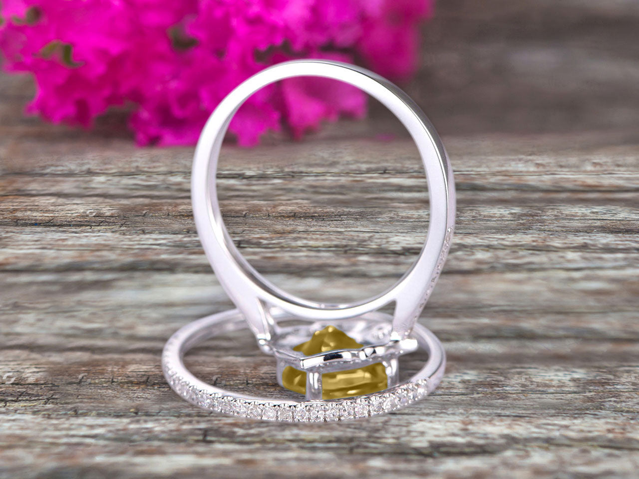 2Pcs Vintage Wedding Ring Set - 1.75 Carat Champagne Cushion Cut Moissanite Engagement Ring with Matching Band, 10k White Gold Halo Design for Bridal Jewelry | Perfect for Engagement, Anniversary & Romantic Occasions
