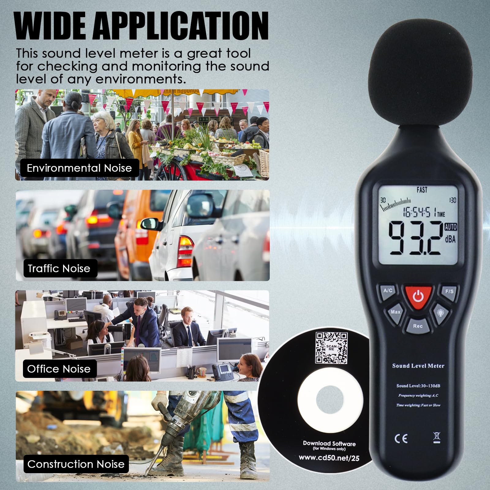 Professional Decibel Meter Sound Level Tester 30-130dB with Data Logger & Backlit LCD - Noise Measurement for Home, Workplace, and Industrial Use - Includes CD Software for Audio Analysis
