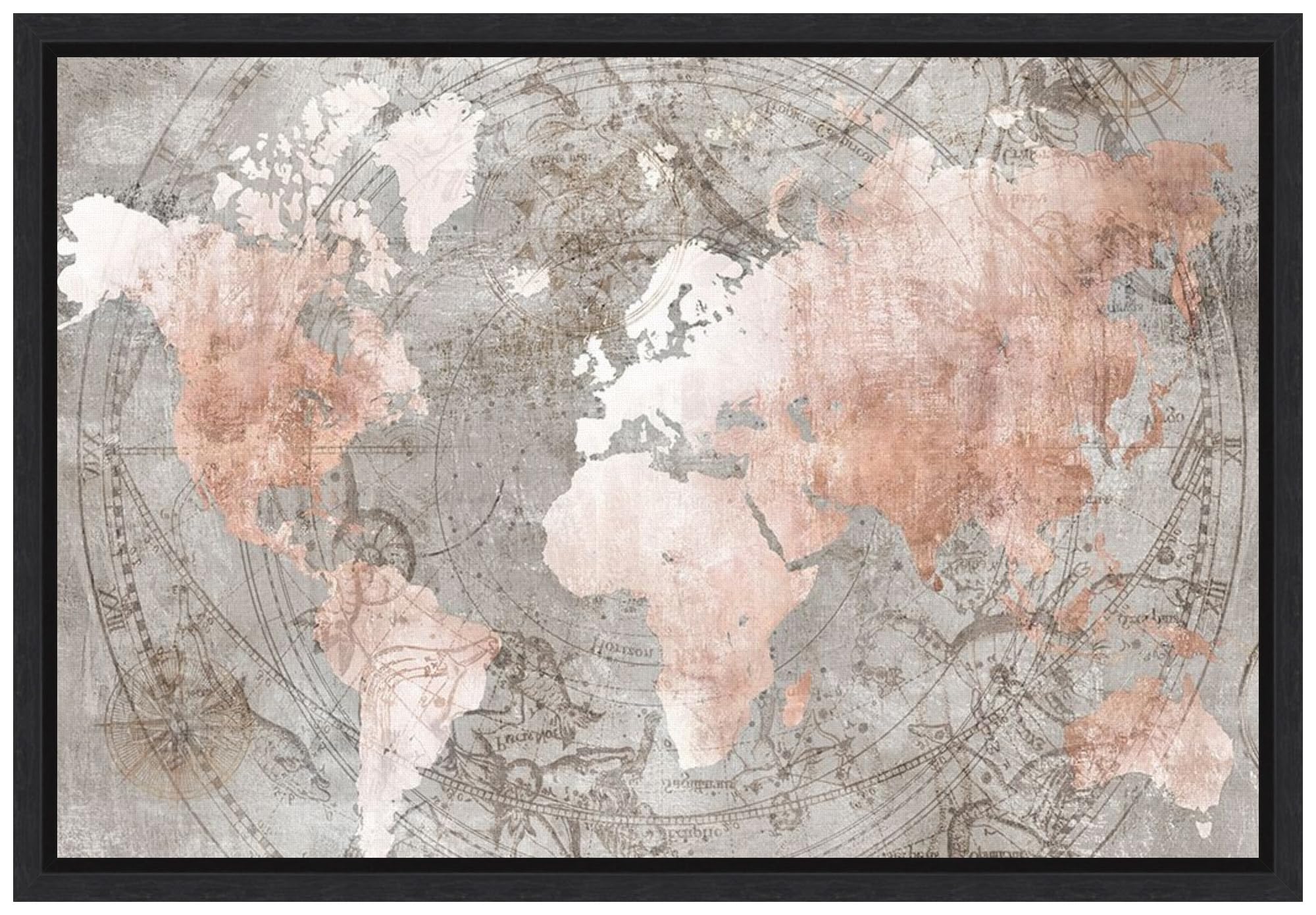 Amanti Art Framed Canvas Wall Art - 16x23 Celestial World Map in Pink by Isabelle Z | Modern Map Artwork for Home Decor | Perfect for Living Room, Bedroom & Bathroom | Ready-to-Hang Framed Poster Painting for Stylish Interior Design